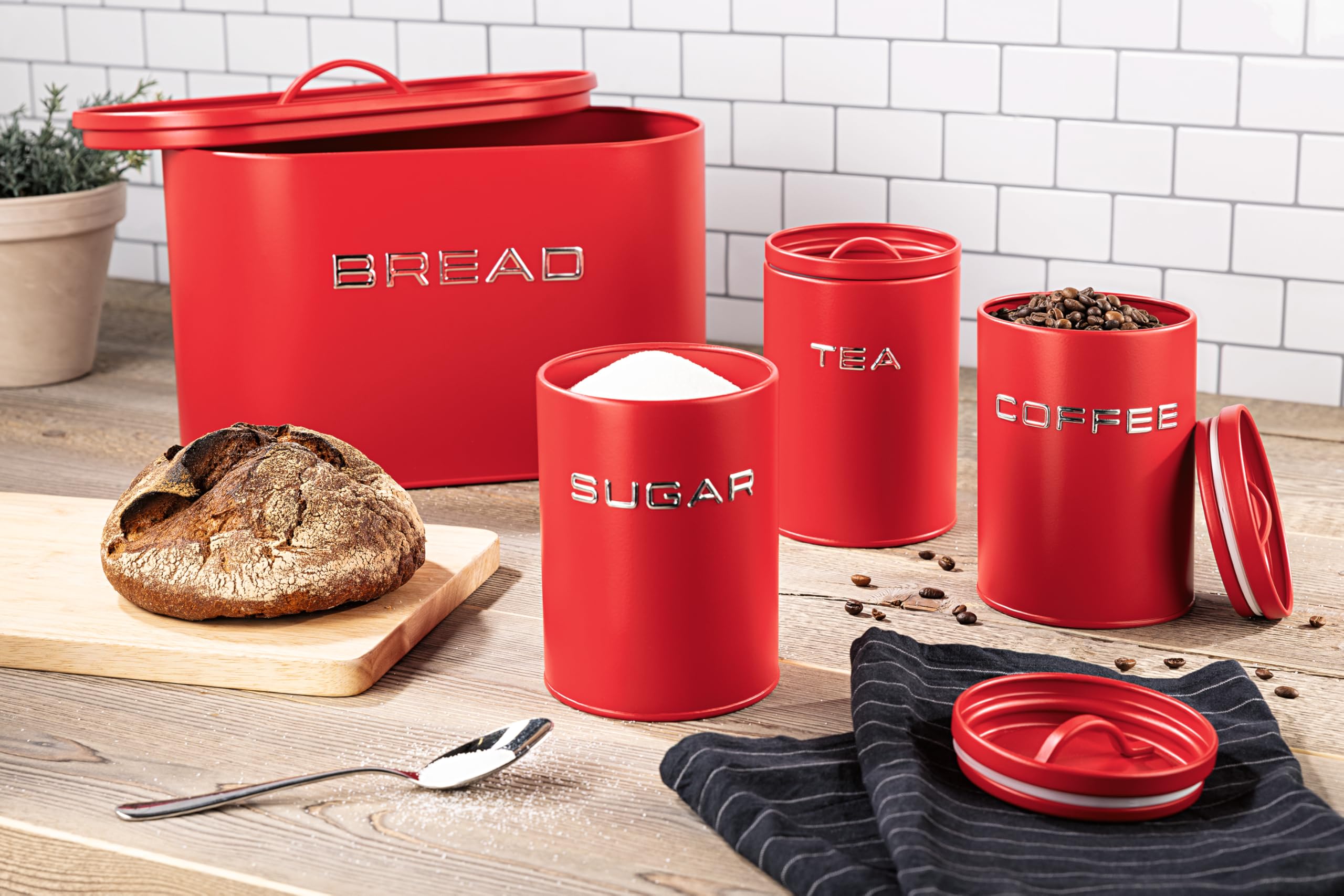 GOURMETmaxx Brotkasten inkl. Vorratsdosen-Set - 8-tlg. Set | Stilvolle & luftdichte Metalldosen mit Deckel und Beschriftungen für Brot, Kaffee, Tee & Zucker | Aromadicht für frische Lebensmittel