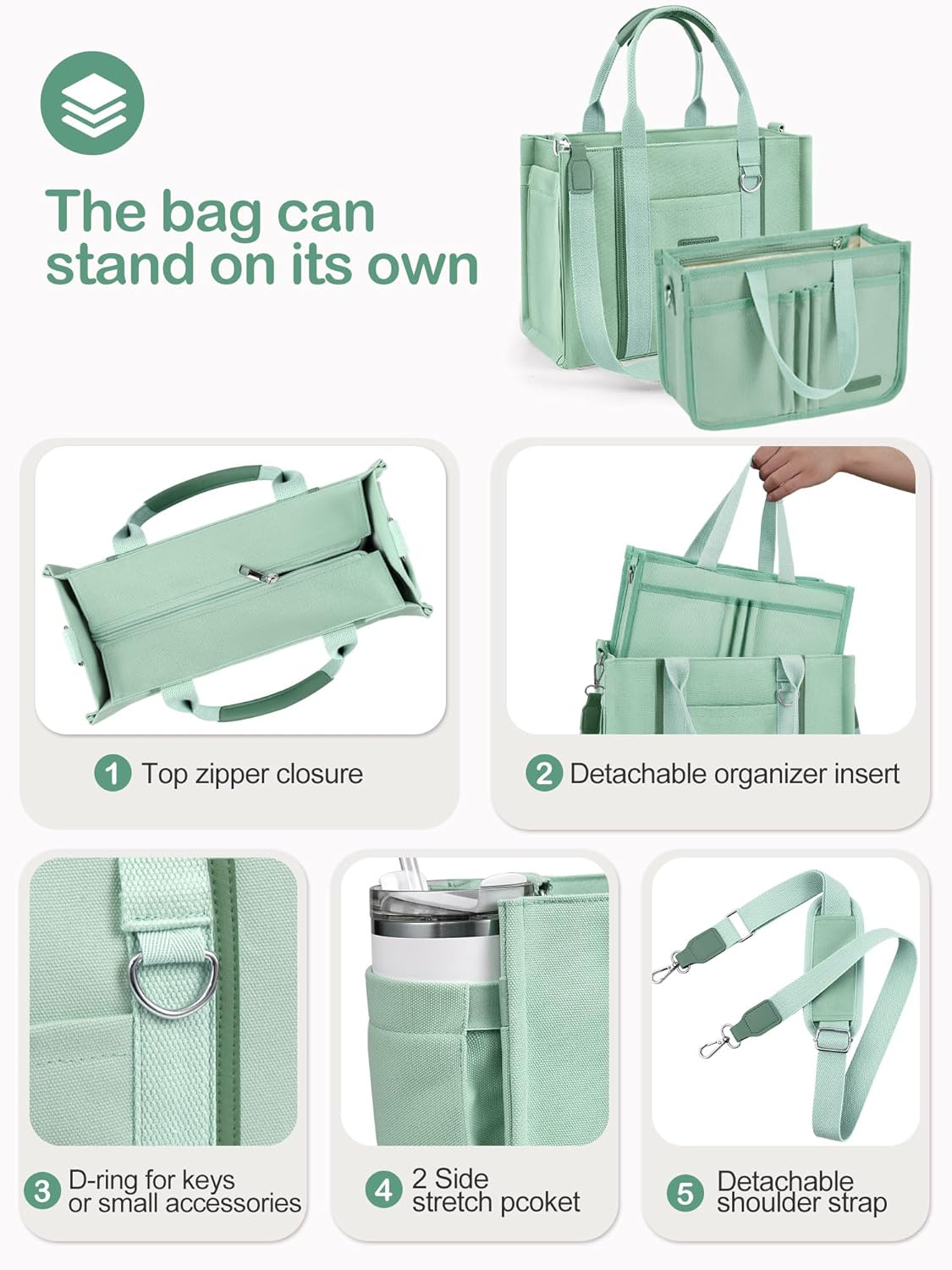 BESBESME Women’s Canvas Tote Bag with Zipper and Compartments – Multi-Pocket Laptop Work Crossbody Shoulder Tote Purse - Image 2