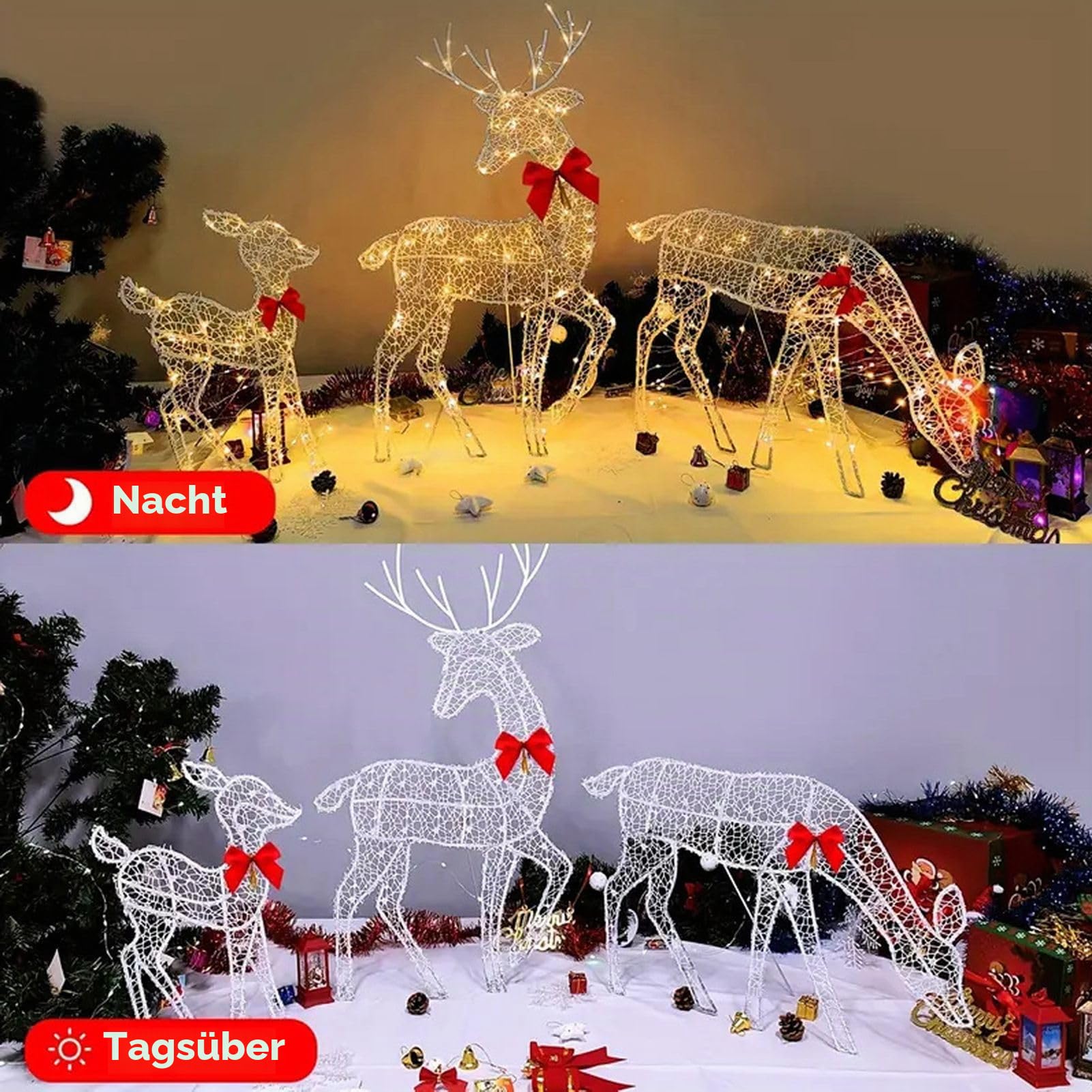 Fockety Beleuchtetes Hirsch-Set, 3er-Set Outdoor-Hirsch-Weihnachtshofdekoration mit LED-Leuchten, Rentierfamilie Weihnachtsrentier, für Drinnen oder Draußen Weihnachtsdekorationen