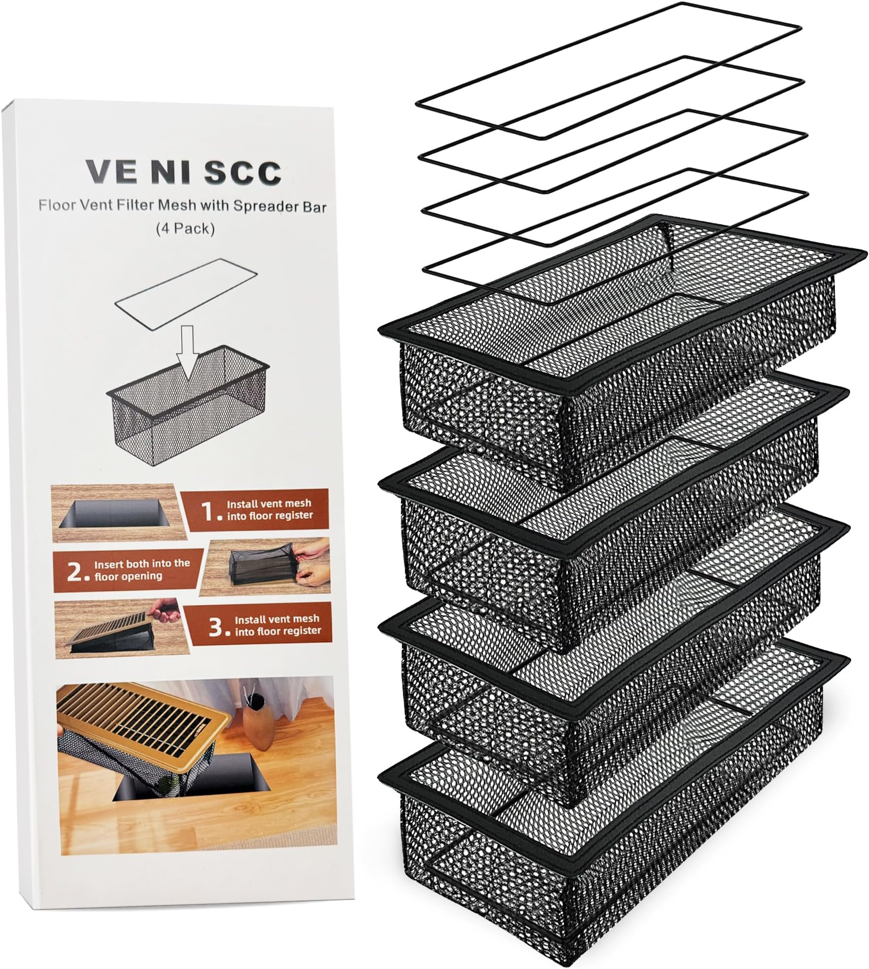 Floor Vent Screen Net, Air Vent Filter Mesh for Home Floor, Floor Register Cover Traps Catches Coin, Toys, Pet Food and Hair, Keeps Duct Cleaning - with Spreader Frame 2x10 Inch, 4 Pack