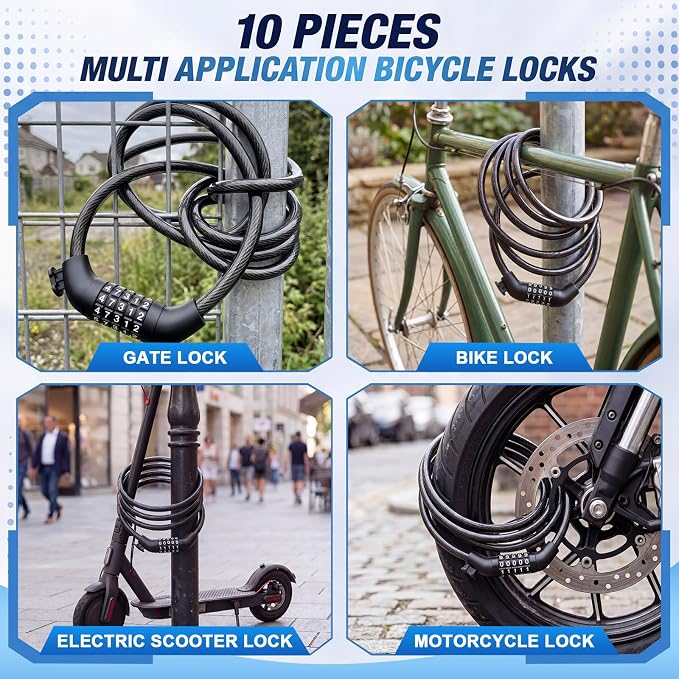 Candados de cable para bicicleta con combinación, 10 piezas miniatura 6