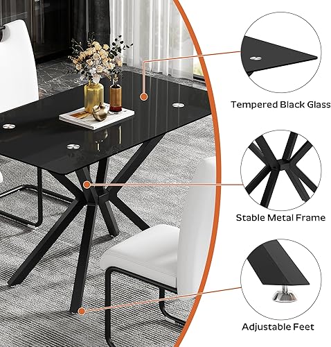 Miniatura 6 de Juego de mesa de comedor de cristal negro de 7 piezas, mesa de cocina rectangular clásica de lujo de 47 pulgadas con 6 sillas de respaldo alto