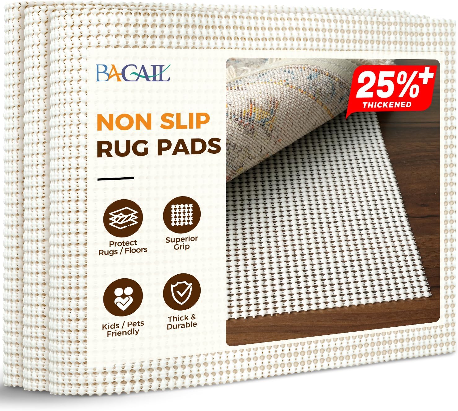 BAGAIL BASICS 8x10 FT Non-Slip Rug Pad Gripper for Hardwood Floors - Extra Thick Underlay Protects Rugs & Tiles, Safe for Kids & Pets