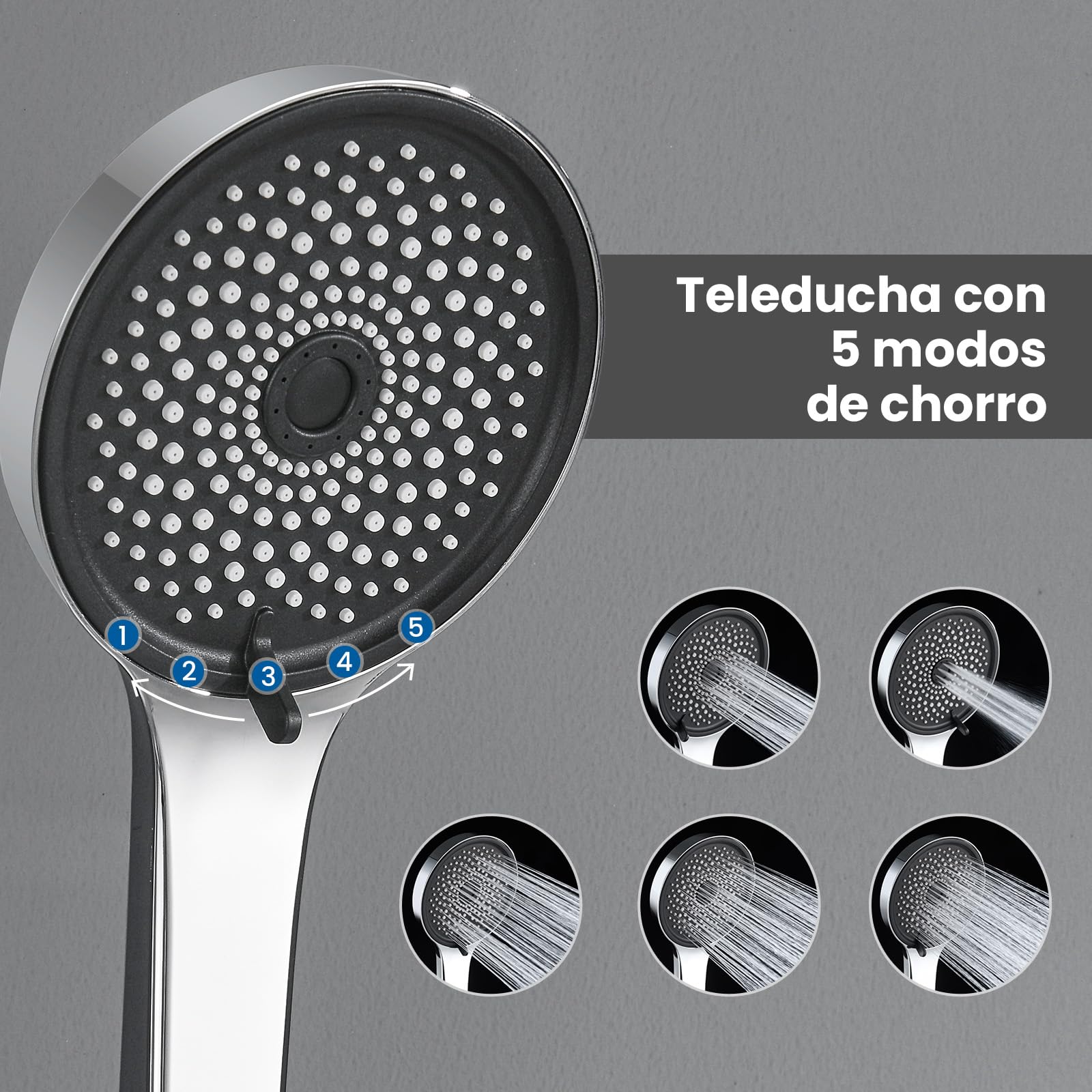 Auralum Barra de Ducha de Acero Inoxidable 70cm con Estante y Alcachofa de Ducha 5 Modos, Columna Ducha Sin Grifo Soporte Ajustable y Flexo Inoxidable de 150cm, Compatible con Orificios Existentes — view 5