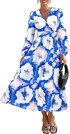 PRETTYGARDEN Women's Floral Midi Dress Casual Fall V Neck Long Sleeve Flowy Spring Beach Wedding Guest Vacation Dresses