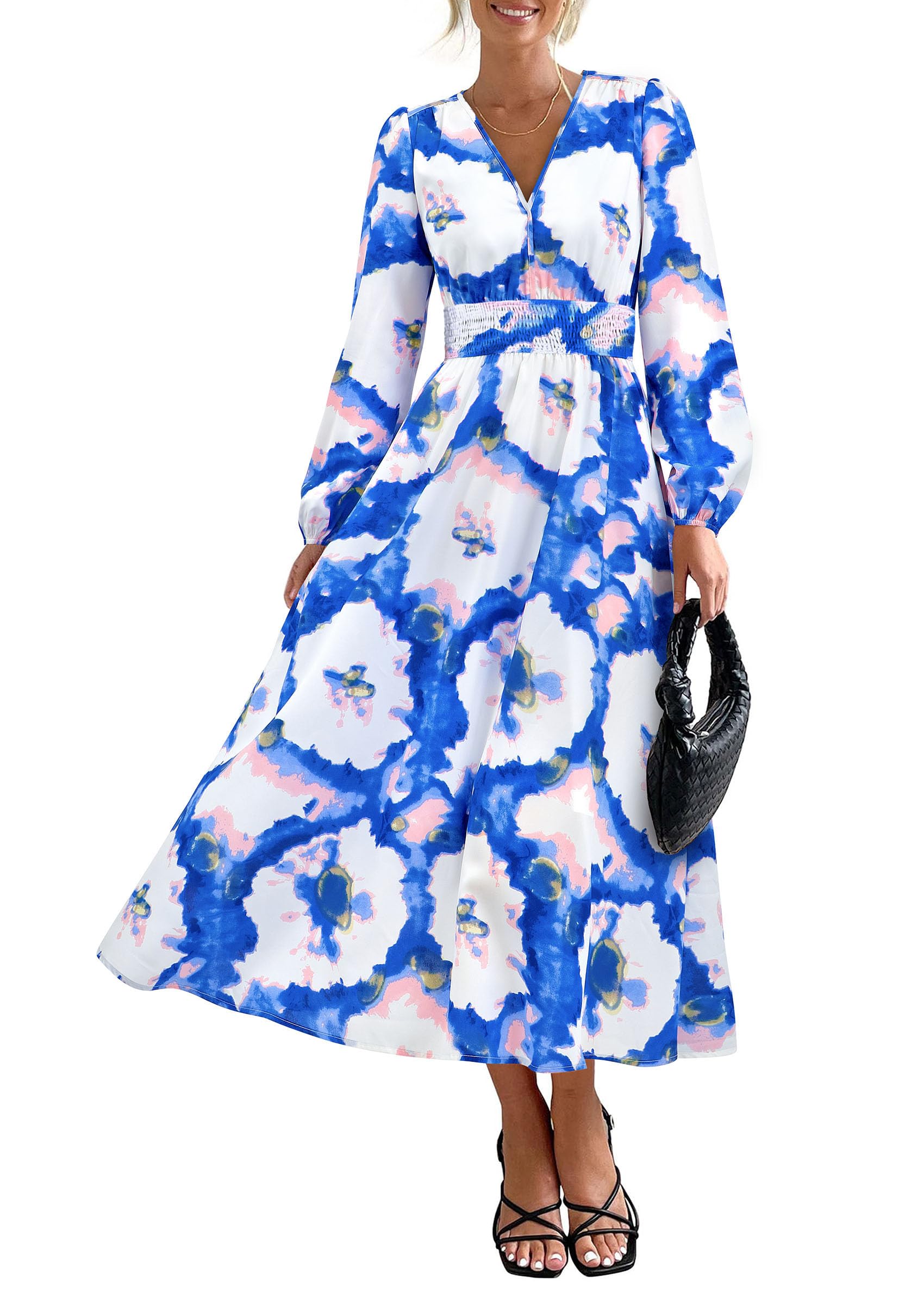 PRETTYGARDEN Women's Floral Midi Dress Casual Fall V Neck Long Sleeve Flowy Spring Beach Wedding Guest Vacation Dresses