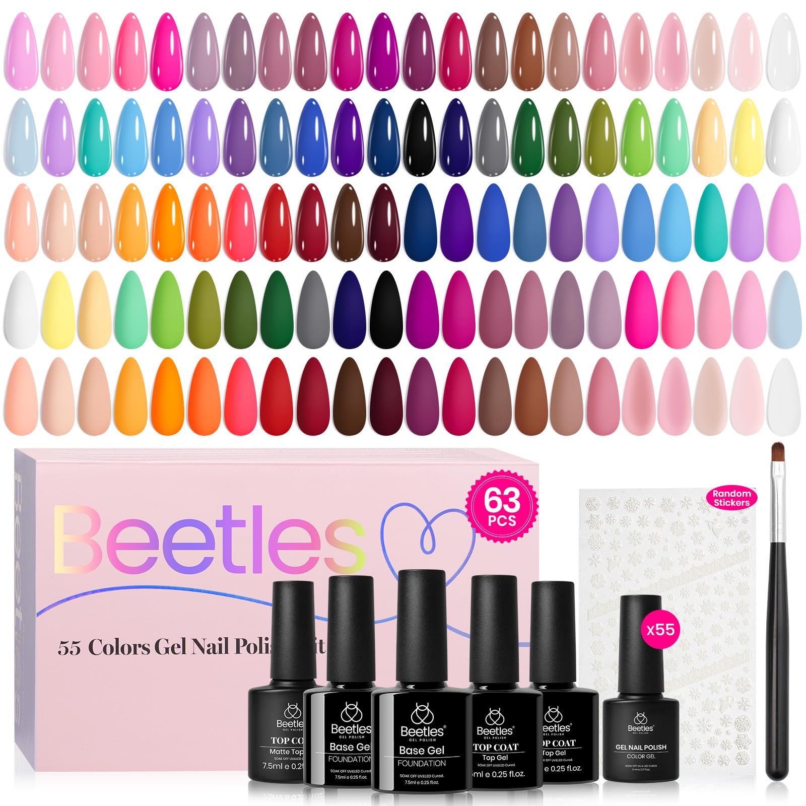 Beetles Spring Gel Nail Polish Set - Vibrarnt Holiday 55 Colors Gel Polish Kit with 5 Pcs Base Glossy Matte Top Coat UV LED Soak off Nail Polish Red Brown Pink Green Blue Valentines Gifts for Women