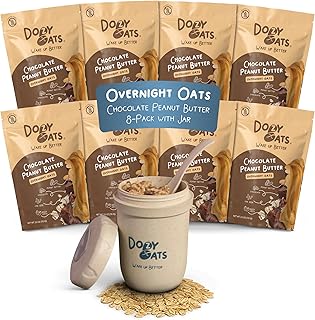 Dozy Oats Overnight Oatmeal Packets, Chocolate Peanut Butter Multipack with Rolled Oats, Chia Seeds, and Date Powder. Gluten-Free, Natural Source of Protein and Fiber, 8-Pack and Jar