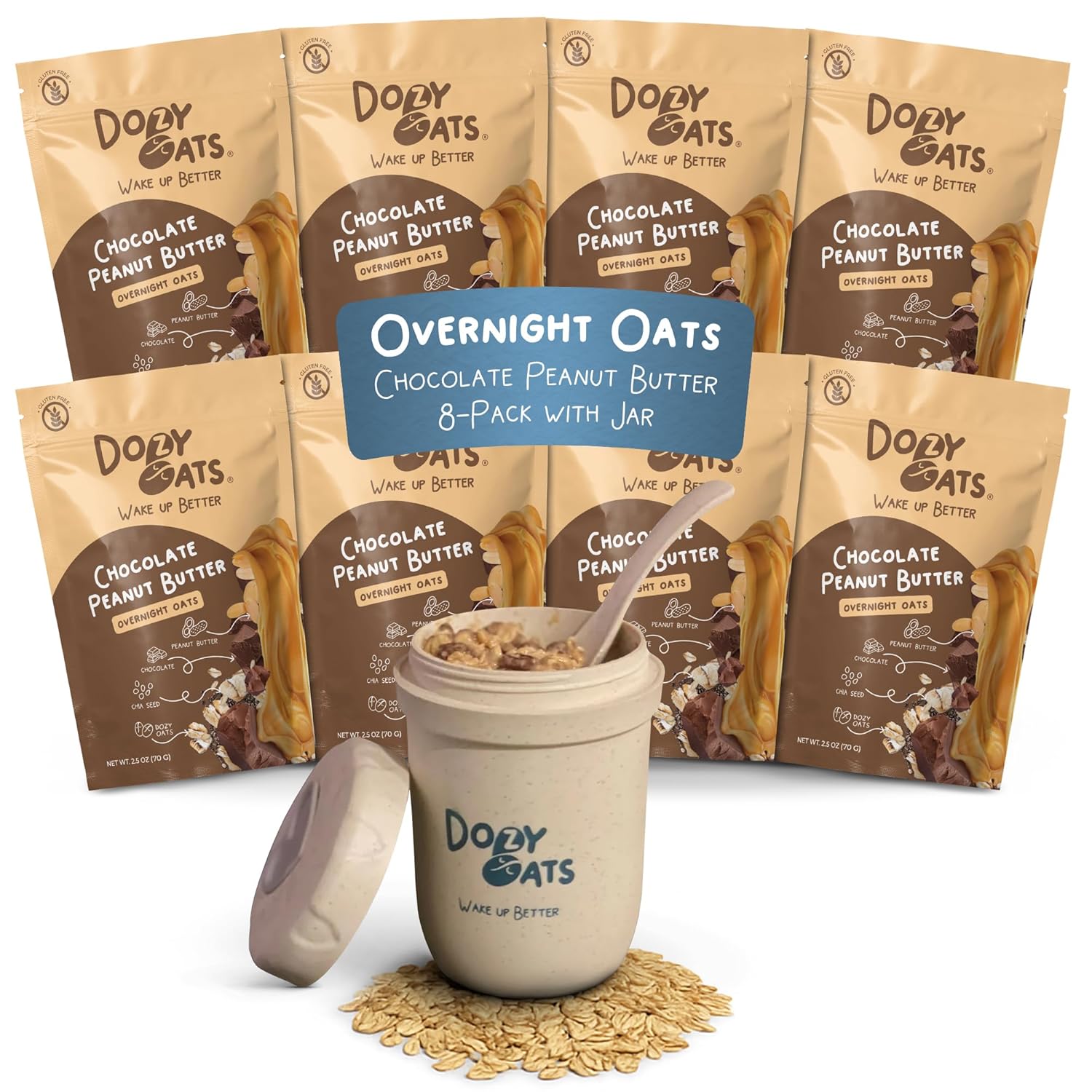 Dozy Oats Overnight Oatmeal Packets, Chocolate Peanut Butter Multipack with Rolled Oats, Chia Seeds, and Date Powder. Gluten-Free, Natural Source of Protein and Fiber, 8-Pack and Jar