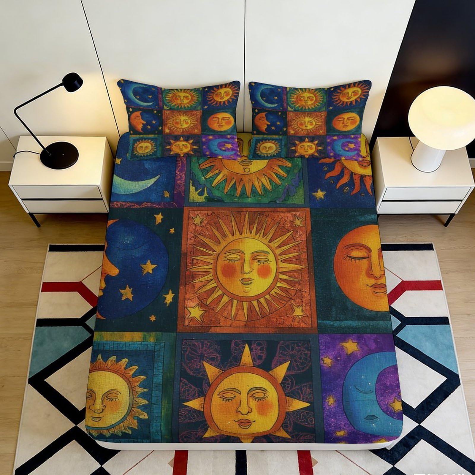 3D Printed Sun Moon Fitted Sheet Microfiber Soft Breathable Celestial Sky Bed Cover for Bedroom Guest Room Mattress Protection Decor 90x200x25cm