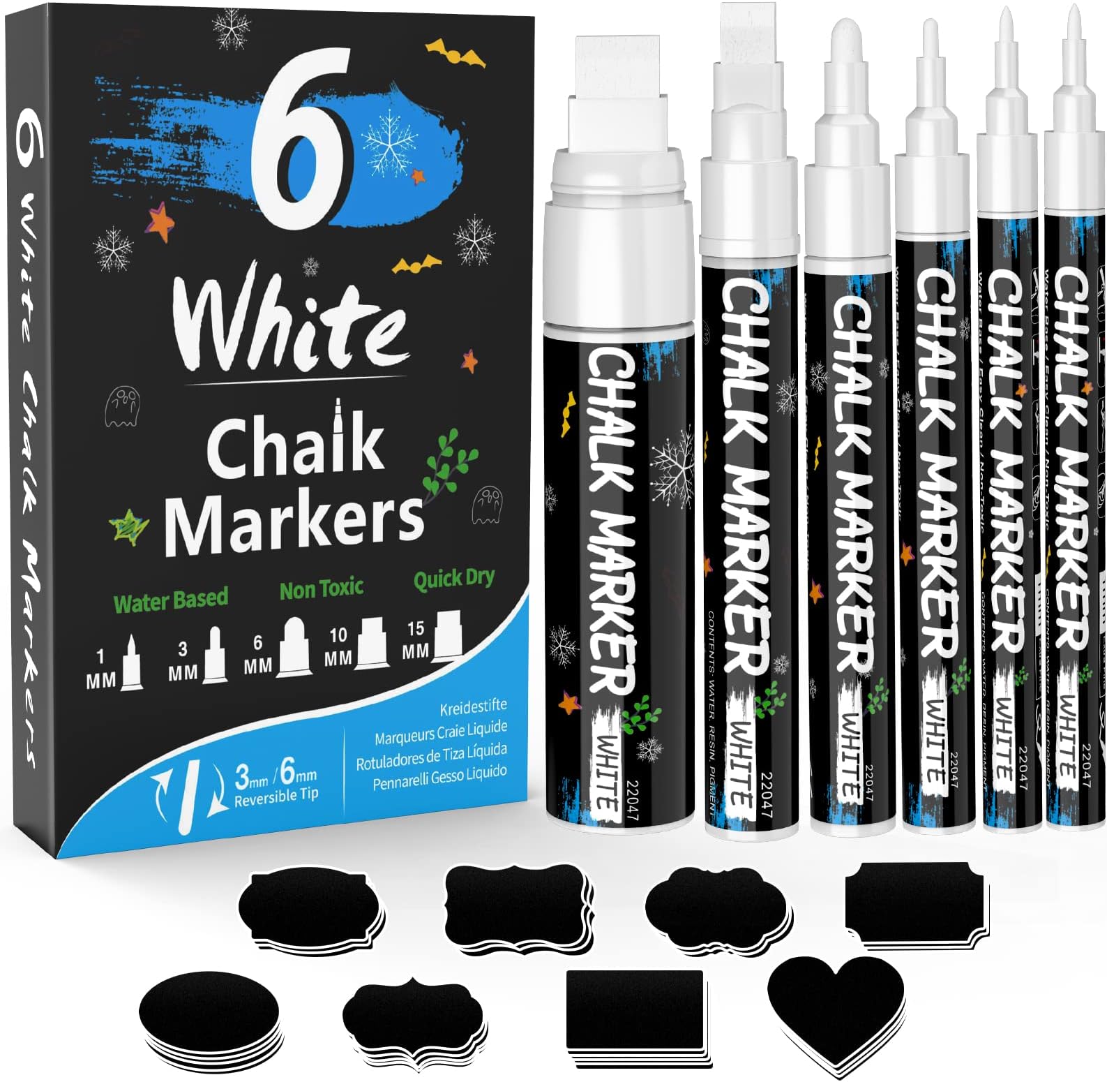 KERIFI White Liquid Chalk Pens, Window Markers for Glass Washable, for Just Married Car Decorations, Wedding Signs, Back to School Graduation Celebration, Bistro Jars Blackboard (6 Count 5 Nib Sizes)