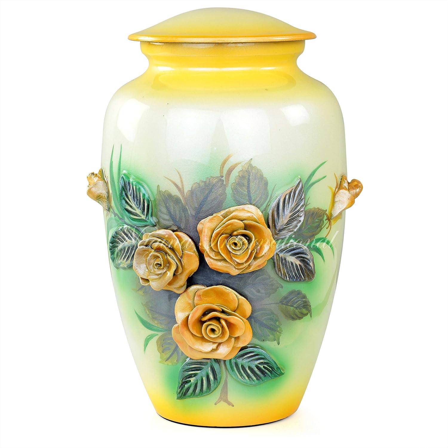 11" 3D Carved Decorative Flowers Aluminum Metal Cremation Urns for Human Ashes | Hand-Crafted Large Urn for Adult Cremation (Yellow Roses)