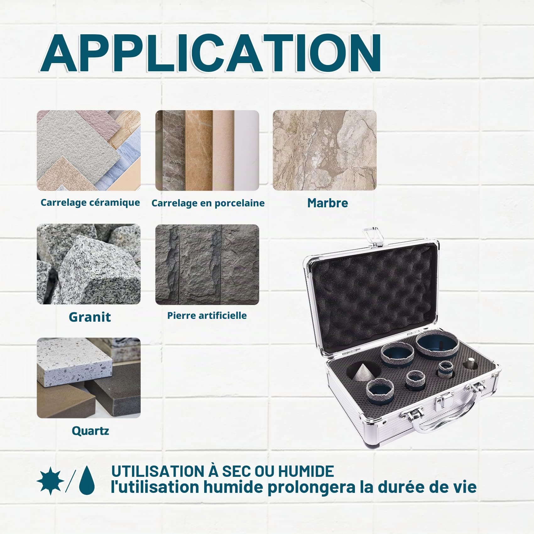Forets Diamant 25/35/50/68mm Trépans 20mm et 50mm Fingerfraise Diamantée et Adaptateur pour Carrelage Porcelaine Granit Marbre