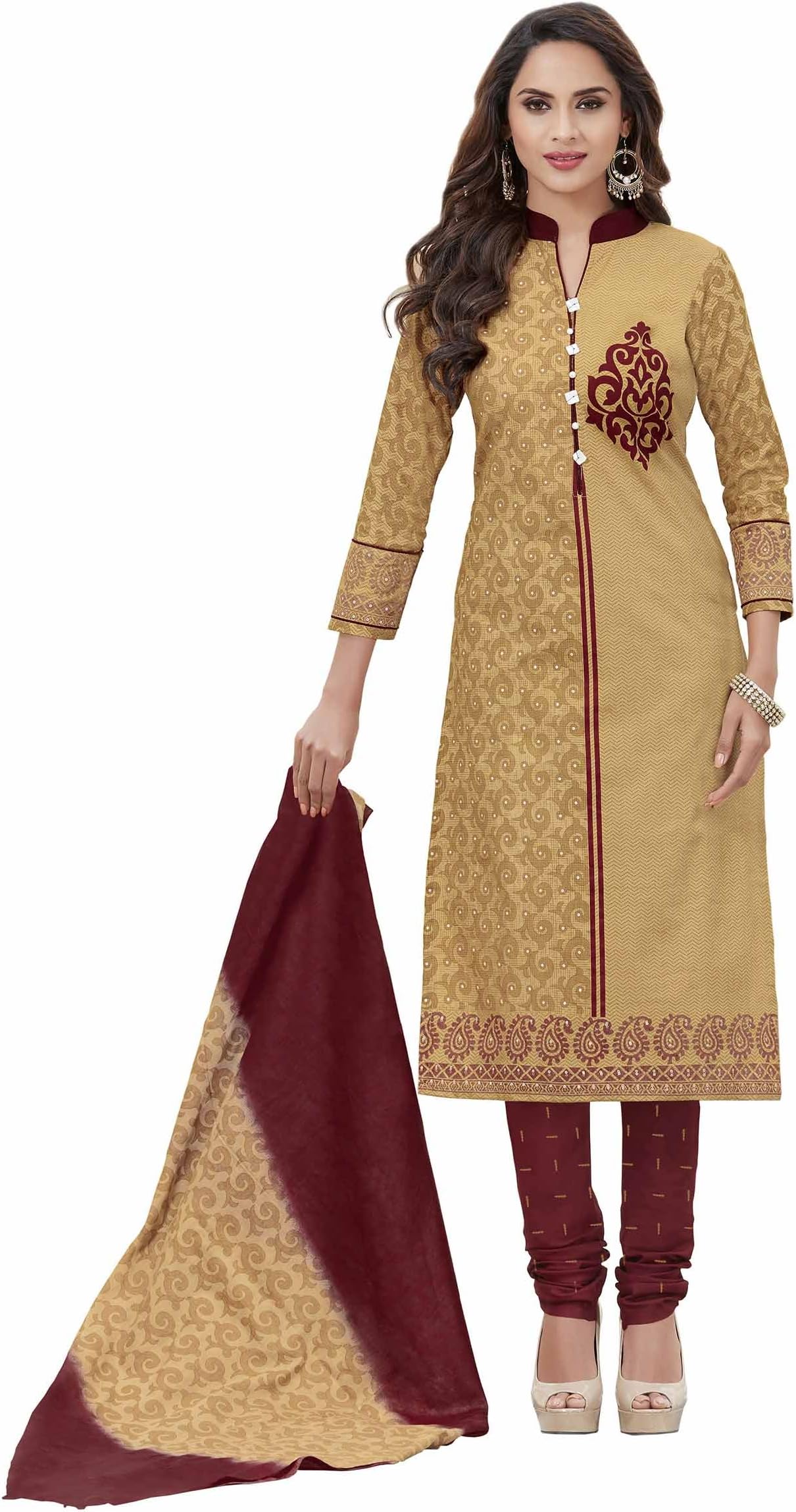 Cotton Printed Readymade Salwar Suit For Women(MIRAANSAN8004, Beige)