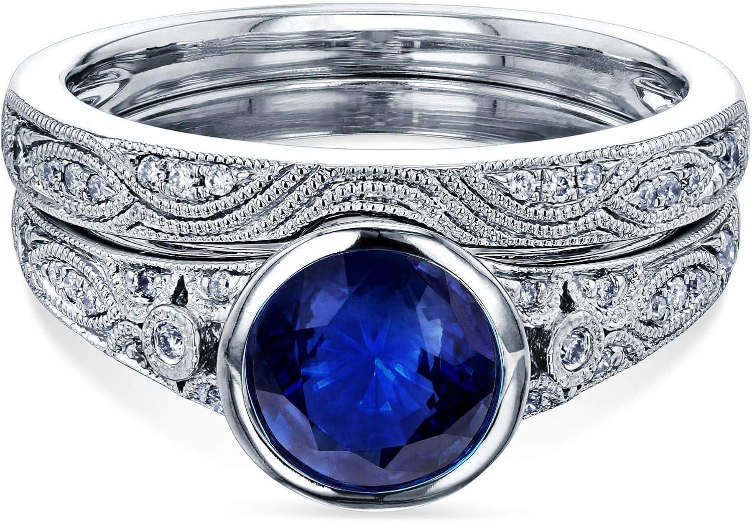 Kobelli Bezel Moissanite Low Setting Vintage Style Bridal Set
