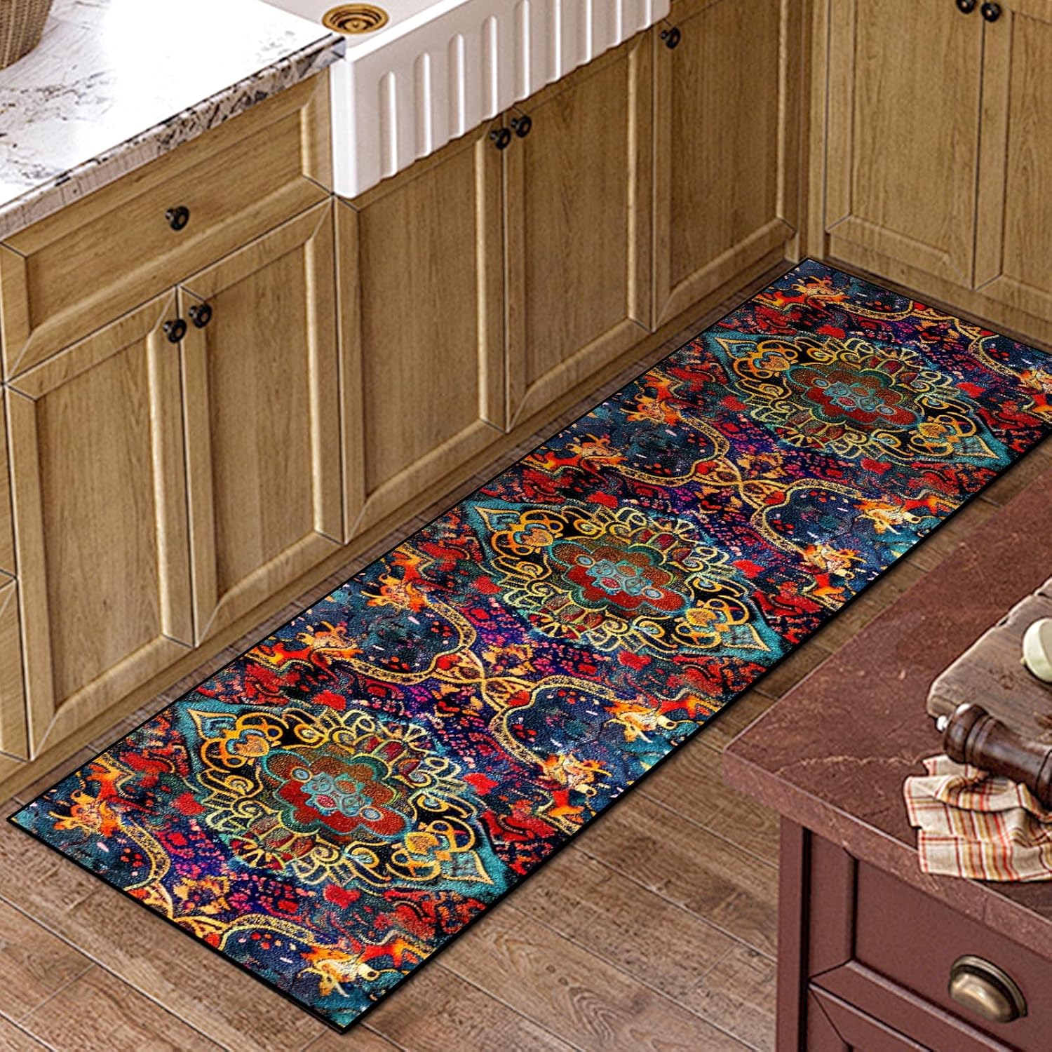 Washable Corridor Runner Rug, Non-Slip Dark Red Hallway Rug Runner with Upgrade Rubber Backing, Stain Resistant Faux Wool Distressed Carpet for Bedroom Kitchen Laundry Corridor Balcony (94.5" x 23.6") - Image 5