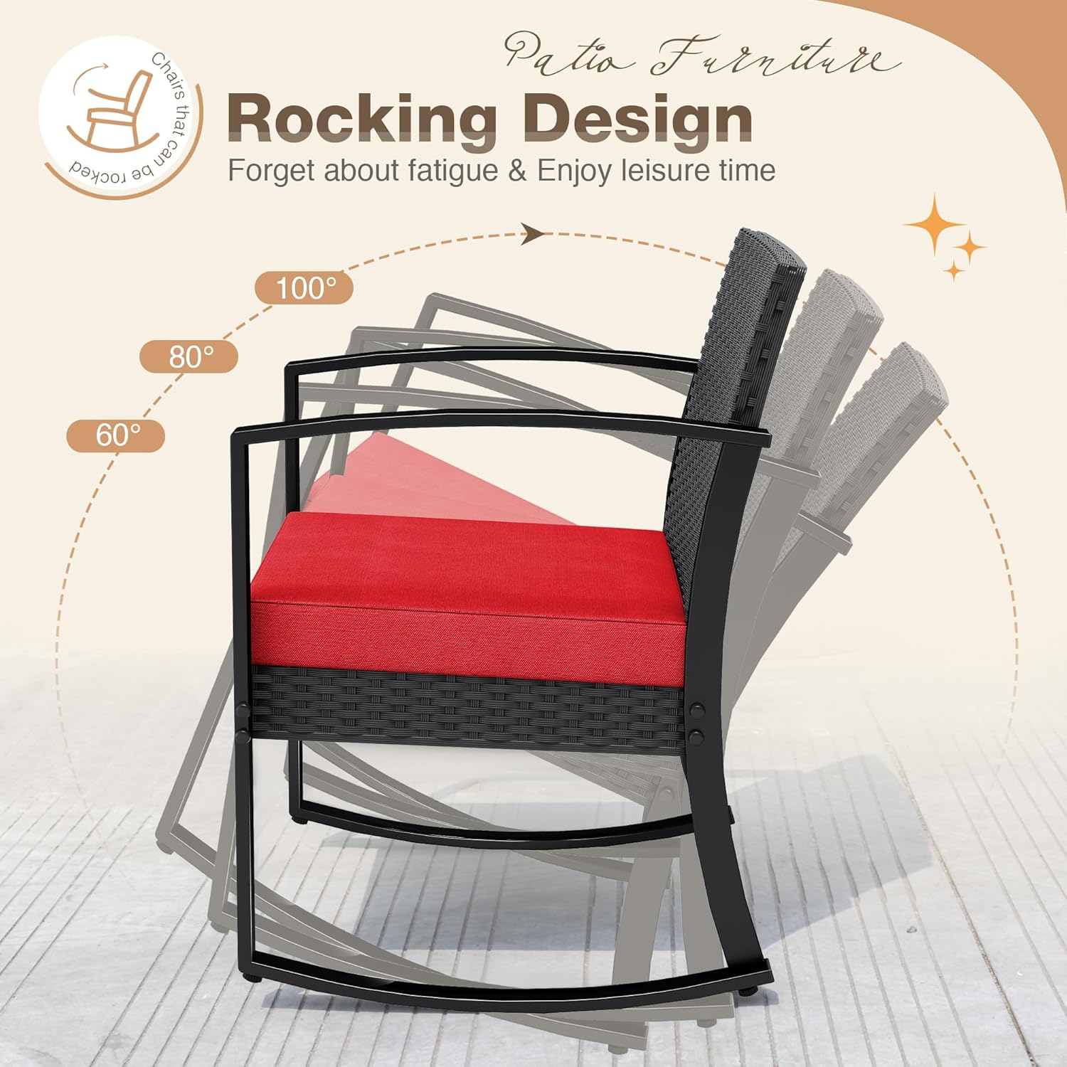 Greesum 3 Piece Outdoor Bistro Set, Imitation Rattan Conversation Set, Patio Furniture with Glass Top Coffee Table for Pool, Deck, Porch, Garden or Balcony, Bright Red