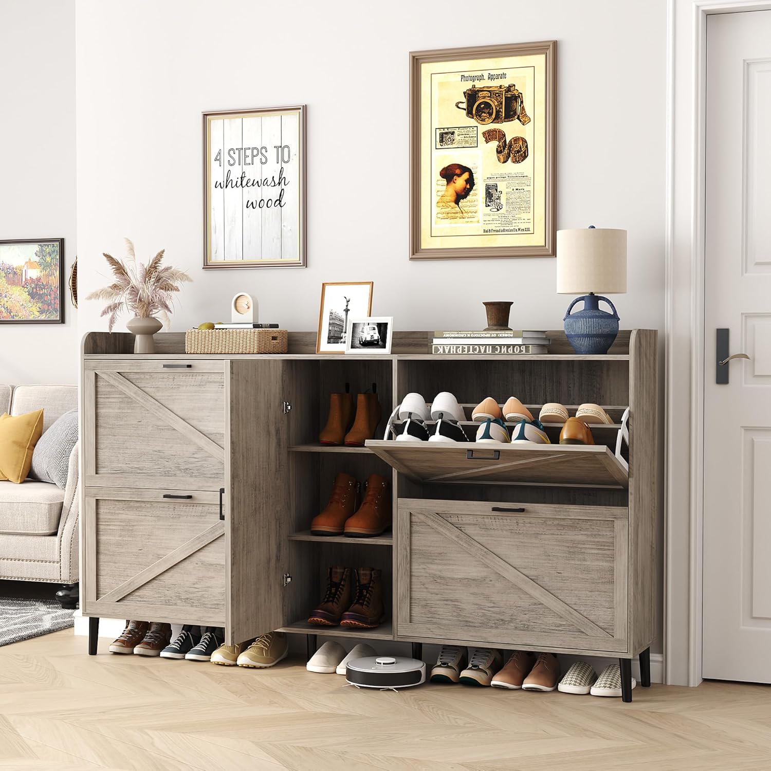 Diagram showing the dimensions of the HOMEFORT Large Shoe Cabinet, including width 64.37 inches, depth 11.81 inches, and height 43.7 inches. It also details internal drawer and side cabinet measurements.