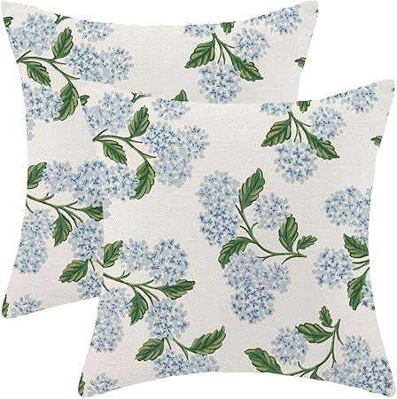 Blue Hydrangea Outdoor Floral Pillow Covers, 18x18", Set of 2