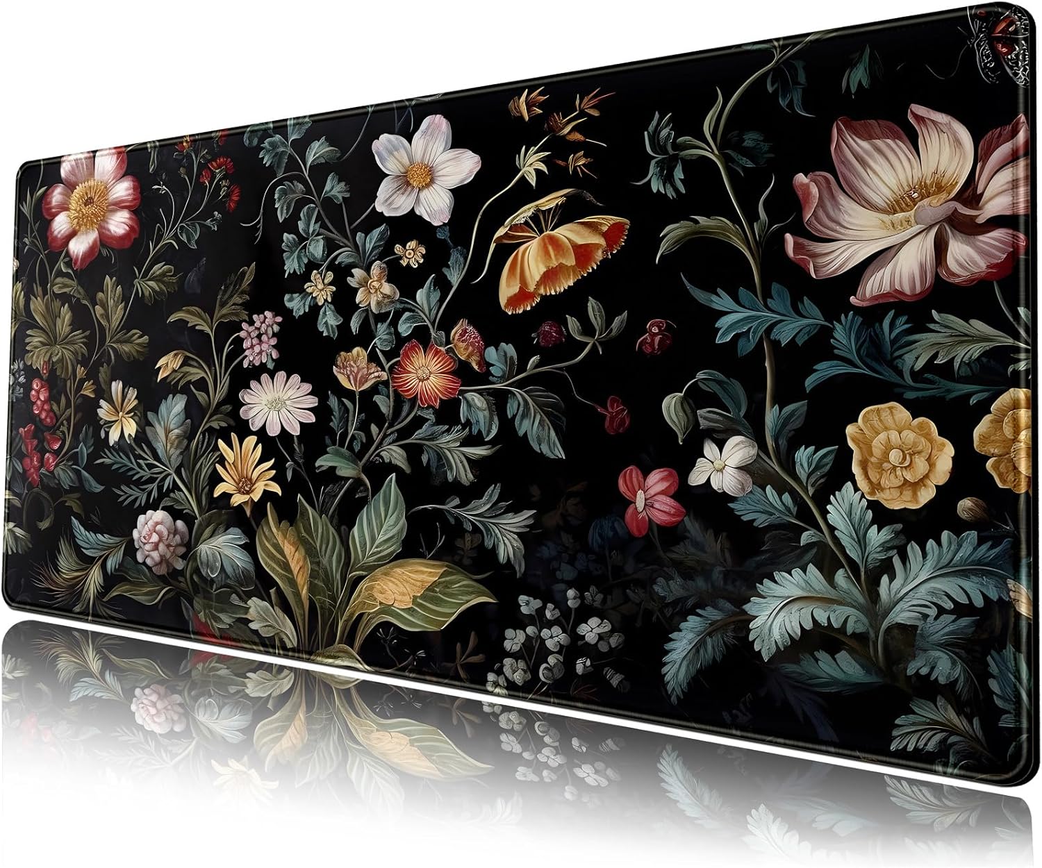Dark Floral Desk Mat Vintage Aesthetic Desk Pad Flower Plant Black Extended Mouse Pad Large Gaming Mousepad XL Laptop Computer Mouse Keyboard Mat 31.5 x 11.8 in for Office Decor