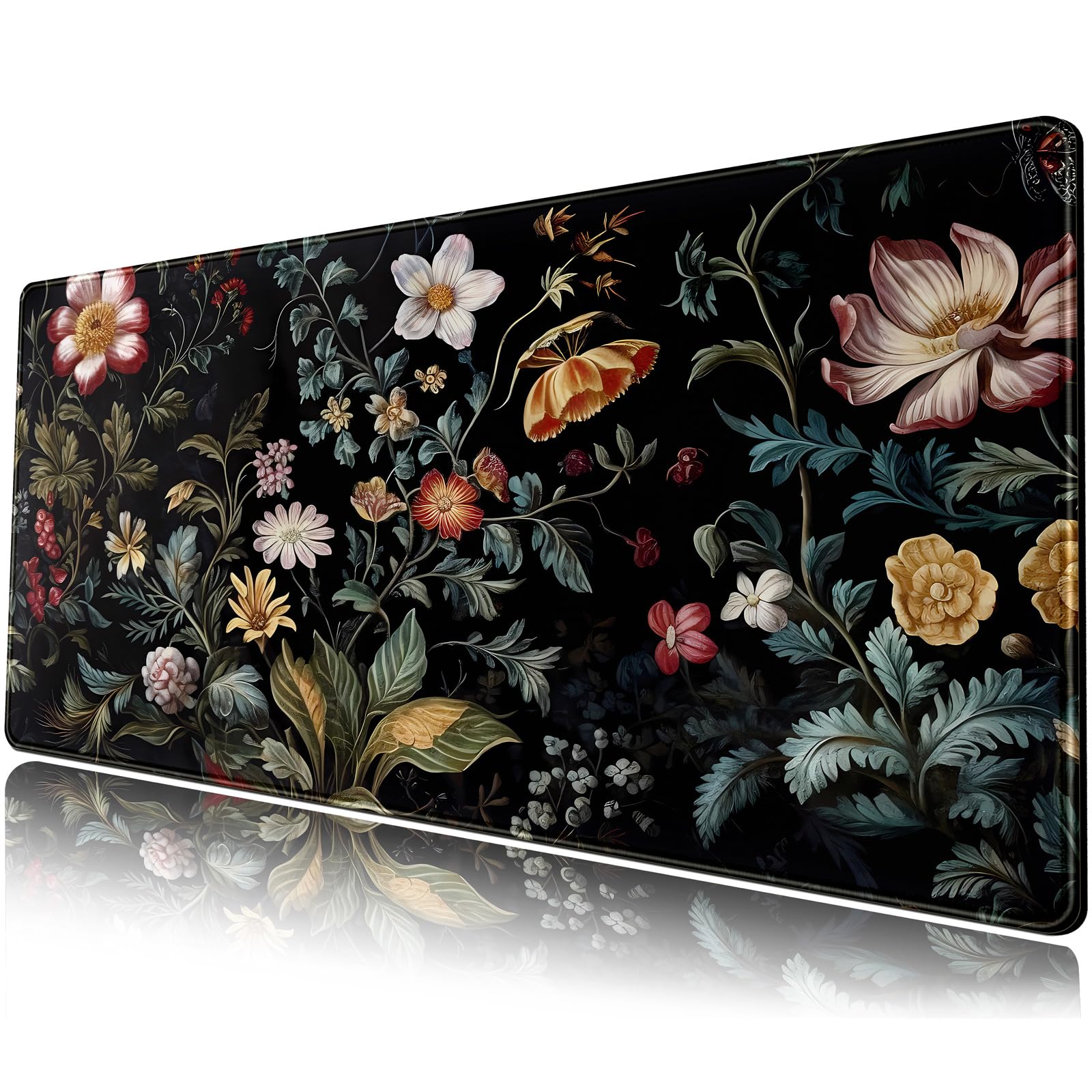 Dark Floral Desk Mat Vintage Aesthetic Desk Pad Flower Plant Black Extended Mouse Pad Large Gaming Mousepad XL Laptop Computer Mouse Keyboard Mat 31.5