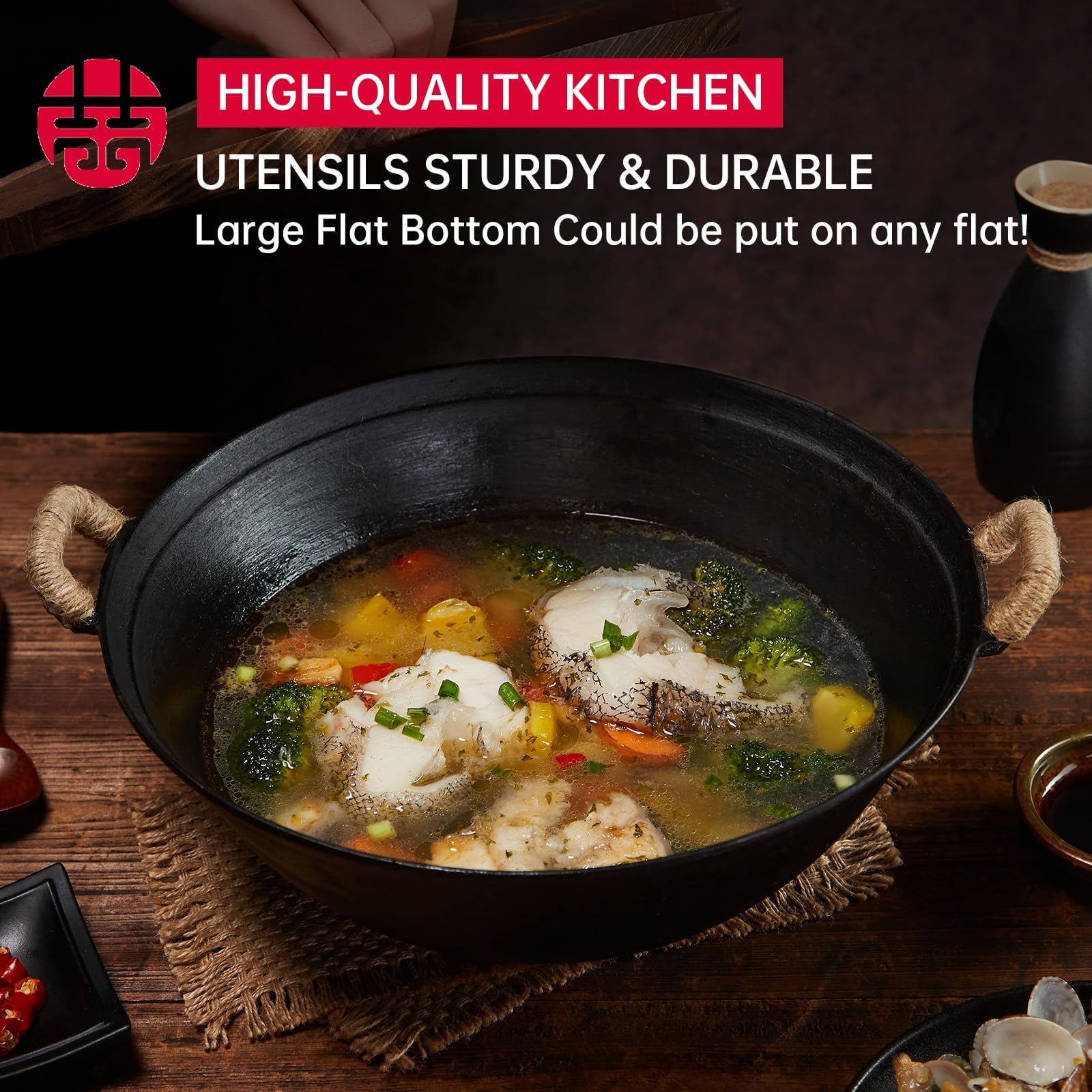 WANGYUANJI wok de hierro fundido con tapa de madera, wok de fondo plano de 36cm, sartén grande para saltear para