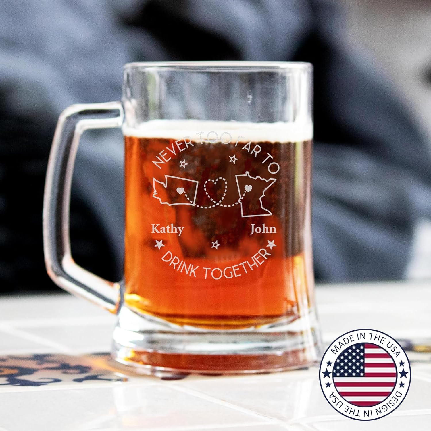 Never Too Far to Drink Together Beer Glass - Custom Engraved Long Distance Friendship Gift for Men & Women, Personalized Birthday Gifts for Friends, Boyfriends, Leaving Gifts