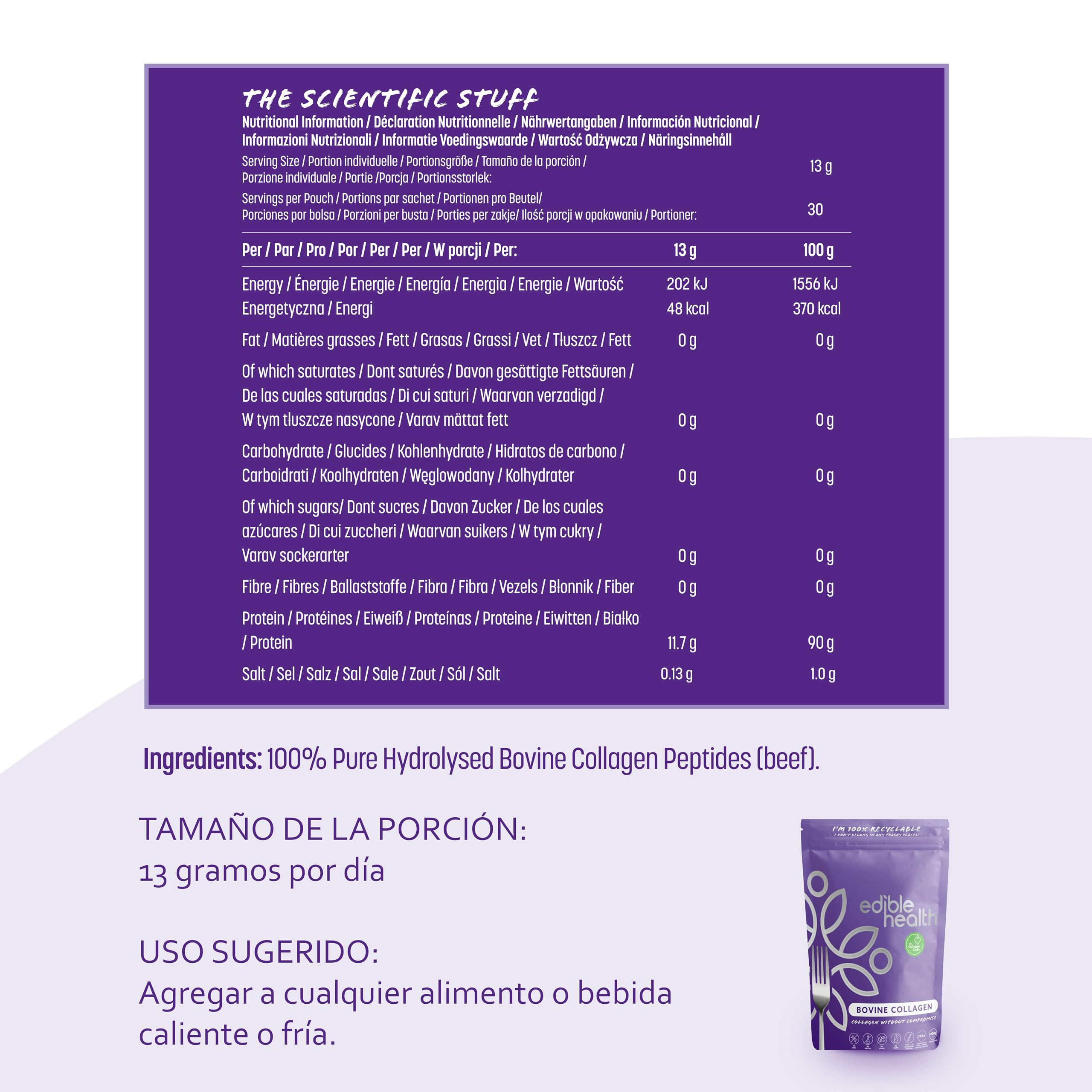 Edible Health Colágeno hidrolizado en polvo – péptidos, 1 kg, tipos 1 y 3 | Colágeno Hidrolizado Con Péptidos Y 18 Aminoácidos, Tipos 1 Y 3; Apto Para Dietas Paleo Y Keto; Producto Kosher Y Halal.