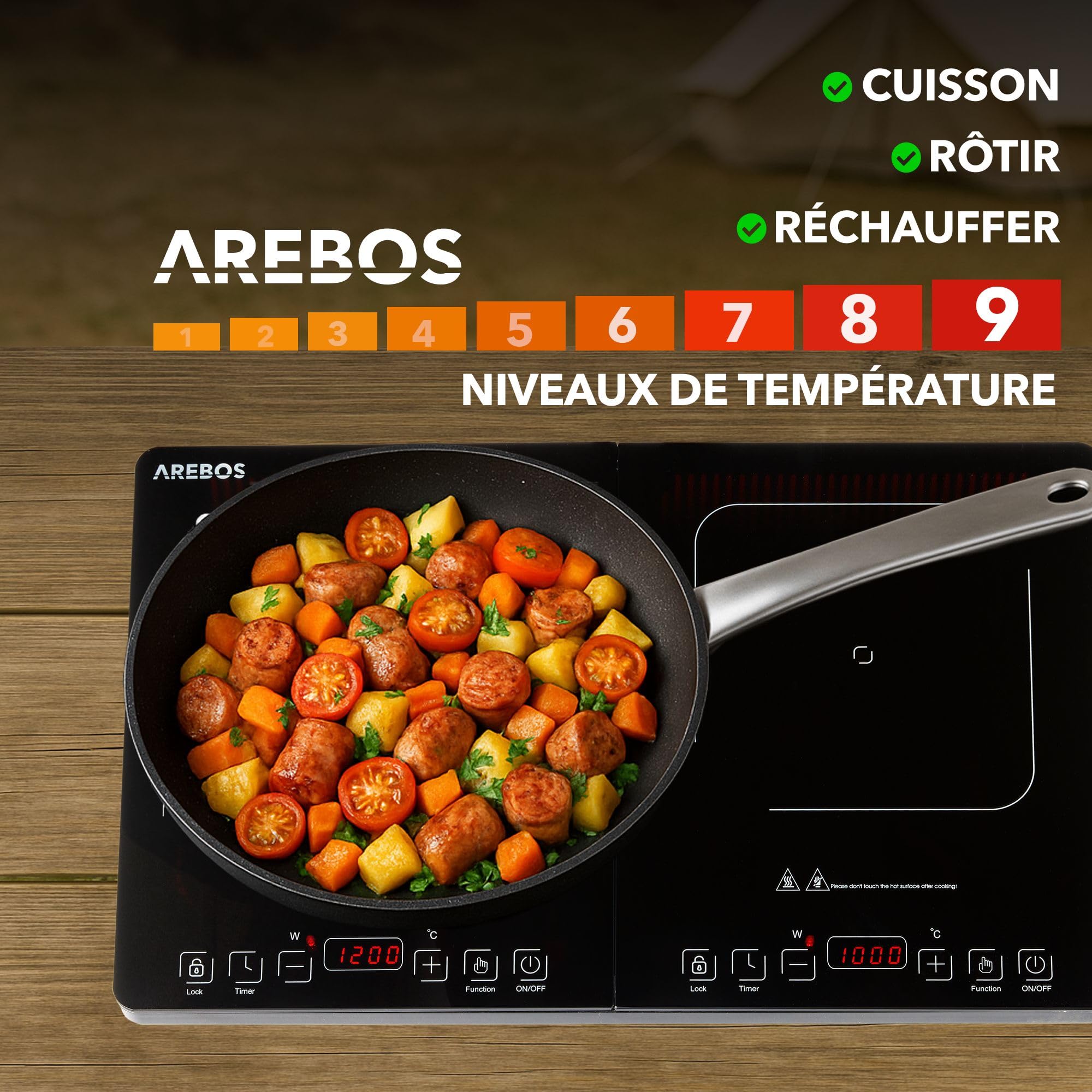 Arebos Double plaque à induction 3500W | 2 zones de cuisson avec écran tactile & minuterie | Plaque à induction portable pour le camping, le plein air & la cuisine | Protection contre la surchauffe
