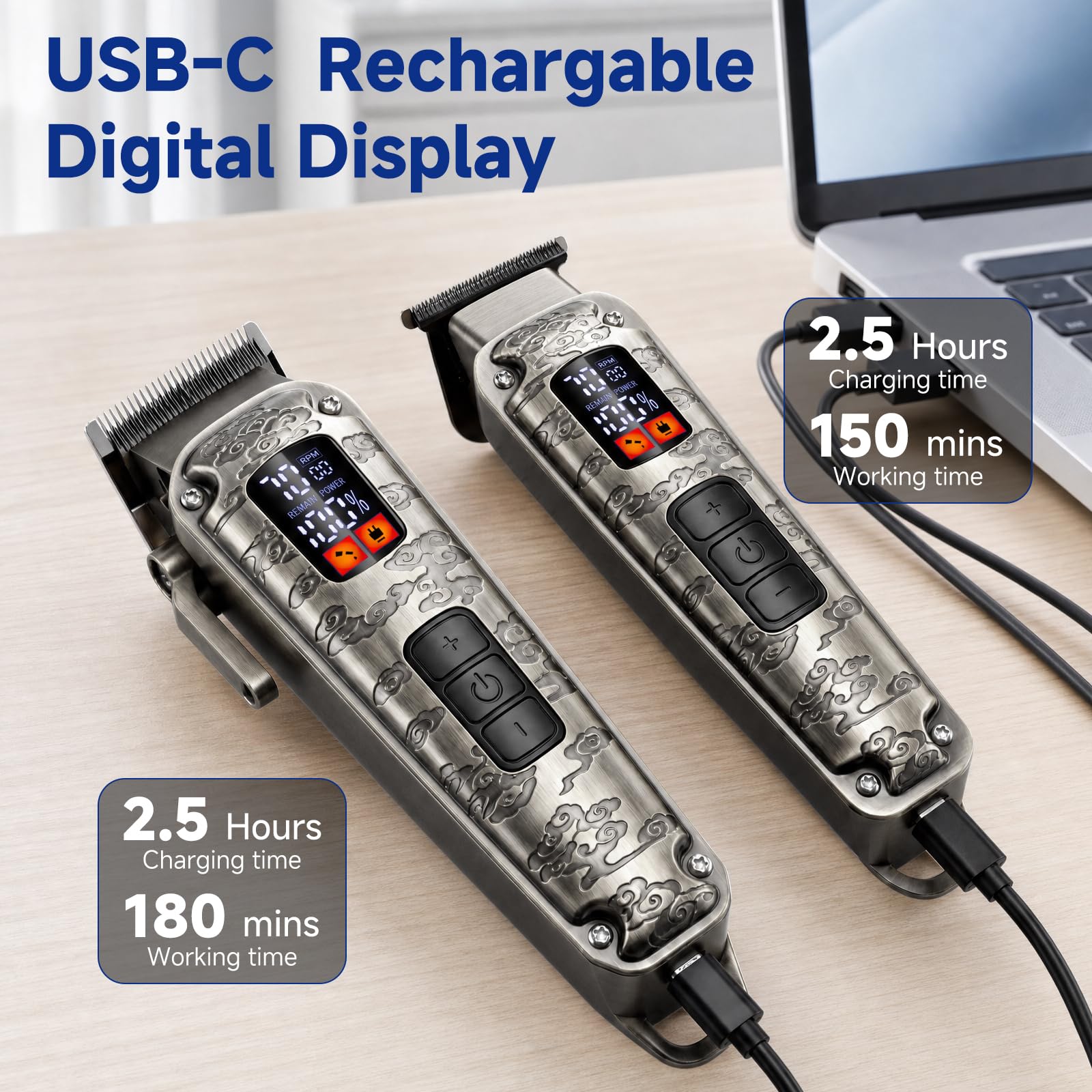Hatteker Haarschneidemaschine Haarschneide-Kit Herren Bartschneider Clipper Set T-Blade Trimmer Schnurloses Grooming Kit LED-Display USB Wiederaufladbar (Grau)