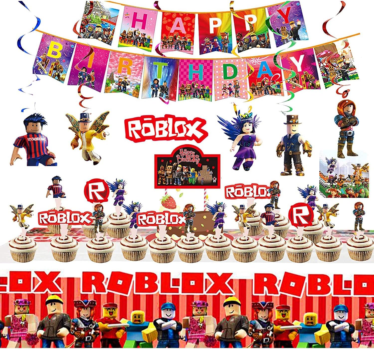 White Rabbits DesignRob-lox Party Supplies Birthday Party Favors 48pcs, Banner Decorations, Video Game Blocks Robot Theme Party Supplies Gifts Set for Kids Boys Girls