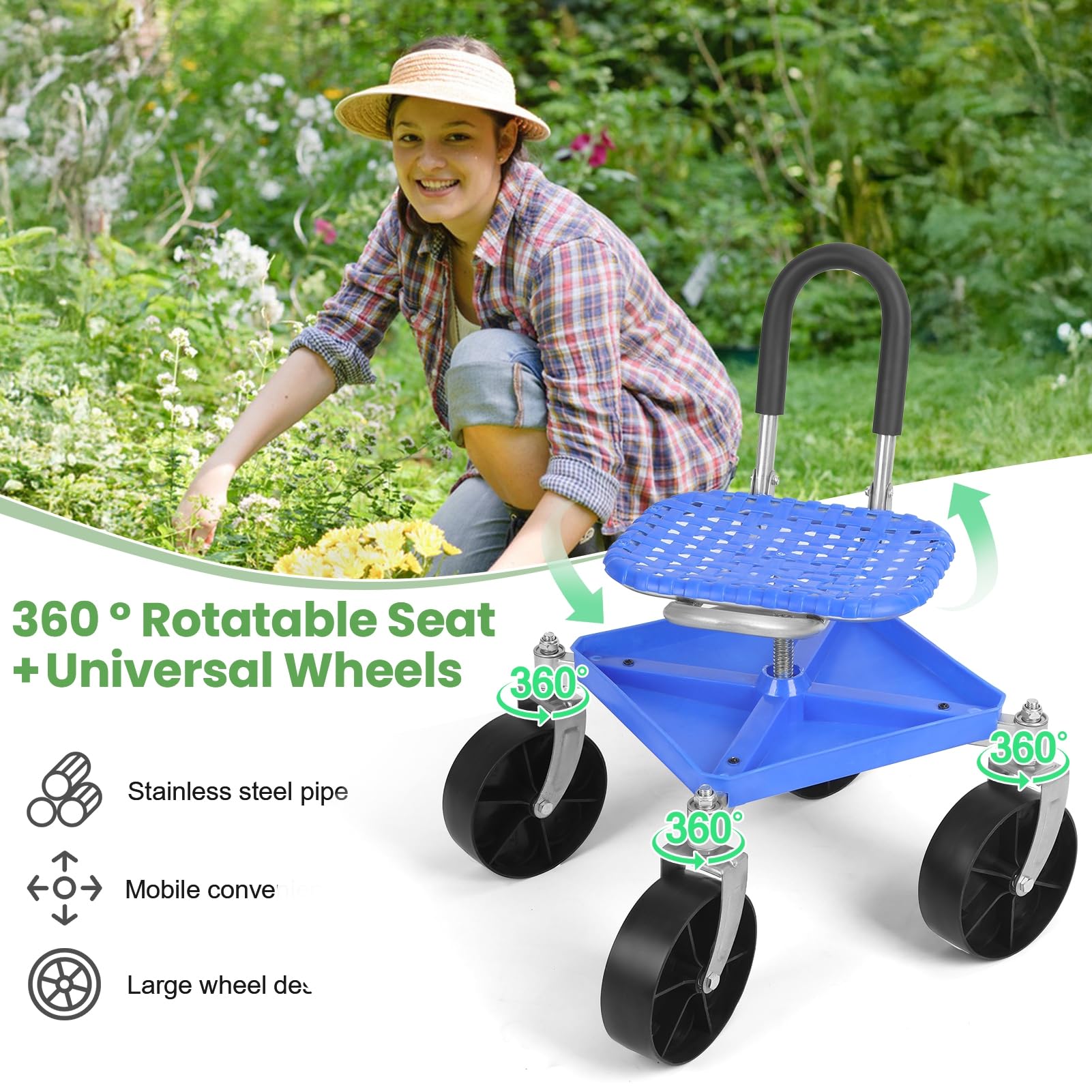 gartenhocker mit Rollen, gartenhocker für Gartenarbeit, Gartenrollsitz, höhenverstellbarer Gartenrollwagen, 360-Grad-Drehgartenhocker mit Werkzeugablage, rollender Arbeitssitz Blau