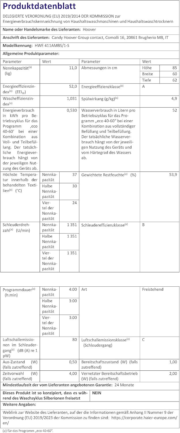 Hoover HWE 411AMBS/1-S Lavatrice 11 Kg Classe A 1400 giri Vapore Hoover HWE 411AMBS/1-S Lavatrice 11 Kg Classe A 1400 giri Vapore
