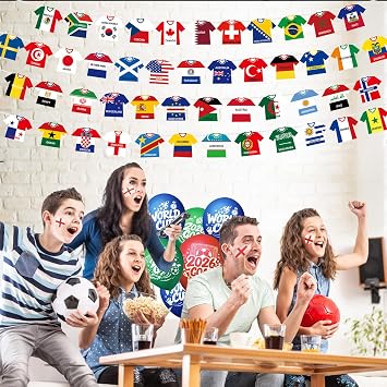 AhfuLife 1 Pack Preassemble World Flag Bunting for World Cup Party Decorations, 48 Teams Double Sides Paper Jersey Flags Banner for World Cup Football Wall Home Garden Decor