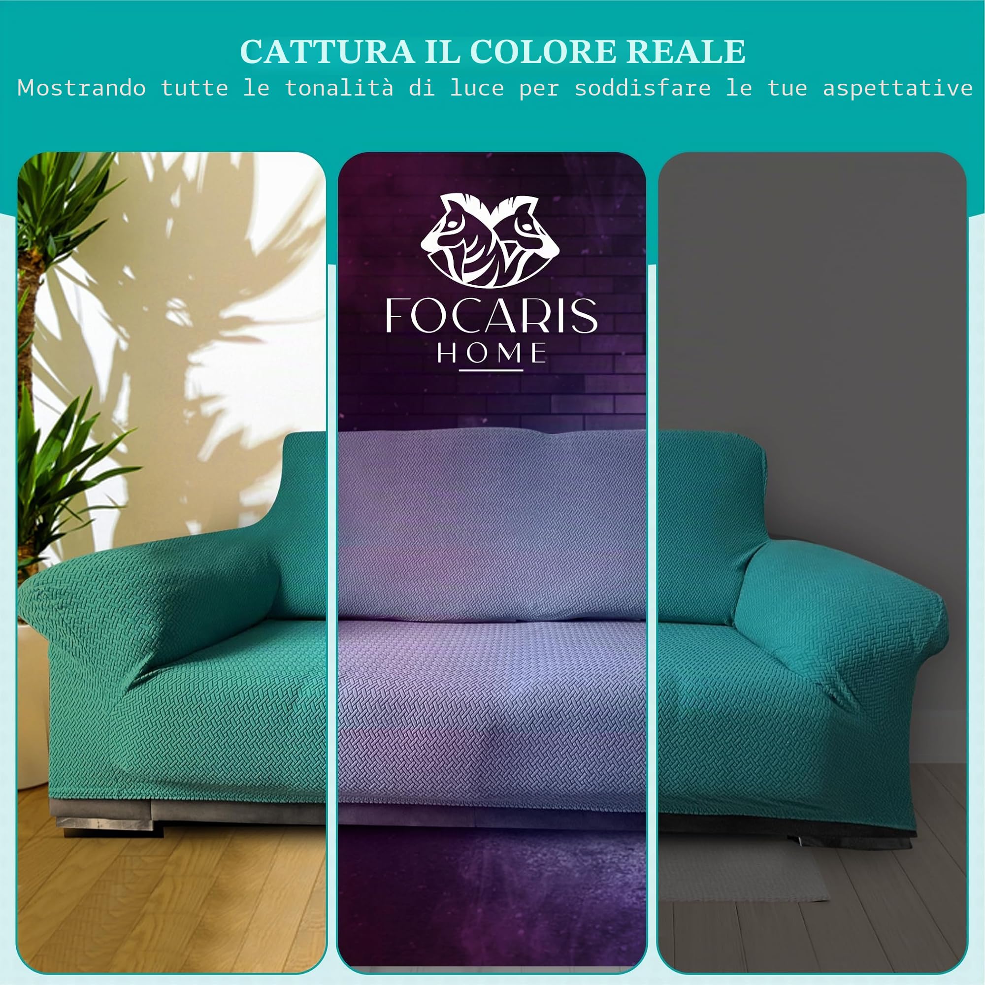 FOCARIS Home - Copridivano protettivo-regolabile e idrorepellente-copridivano 3 posti-turchese/verde (Long.max. 233 cm)-Imbottitura mais-1 pezzo-federe per divano regolabili, confezione regalo
