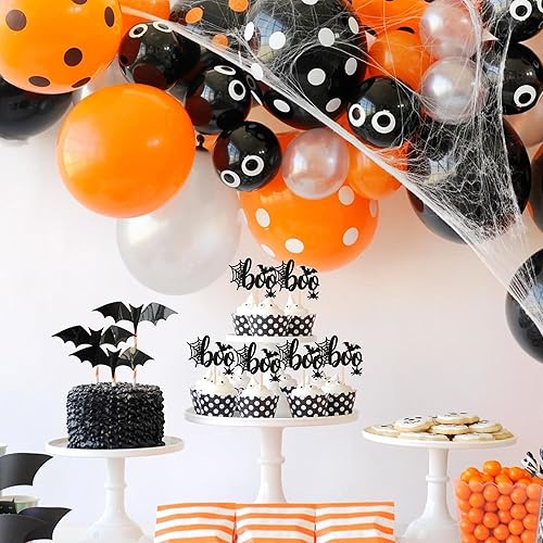 Miniatura 7 de 24 piezas de decoración de cupcakes de Halloween Boo con purpurina de telaraña para cupcakes para Halloween, temática de abucheo, baby shower,