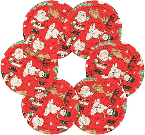 Miniatura 2 de innewgogo Santa Friends Christmas 6 Pcs Absorbent Drink Coasters for Tabletop Protection Handmade Round Woven Coaster with Holder & Heat Water