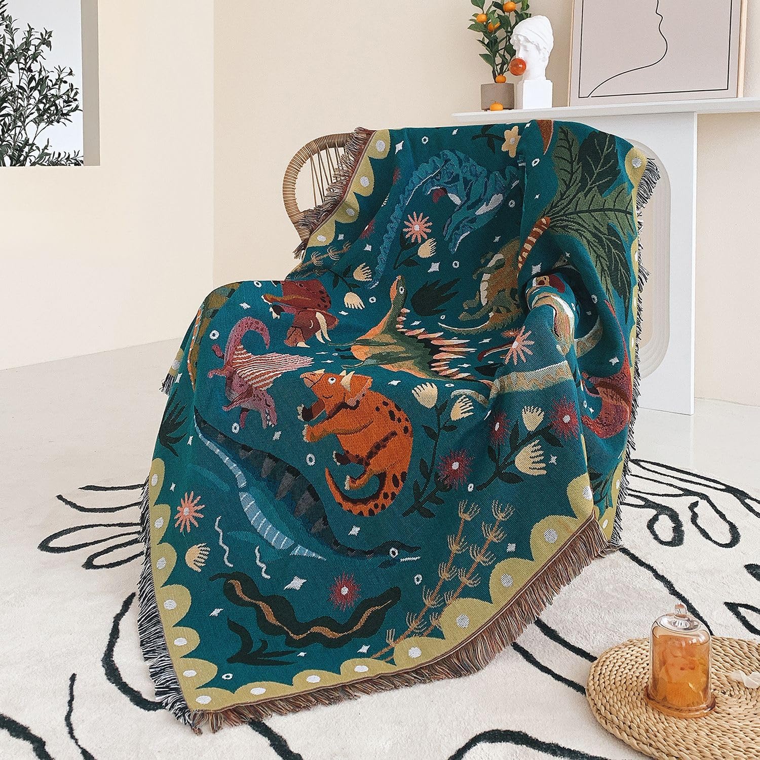 Juefang Dinosaur Bohothrow Blanket Cotton Ultra Bohemian Throw Rustic,50"X60" Floral Farmhouse Decor (Dinosaur)