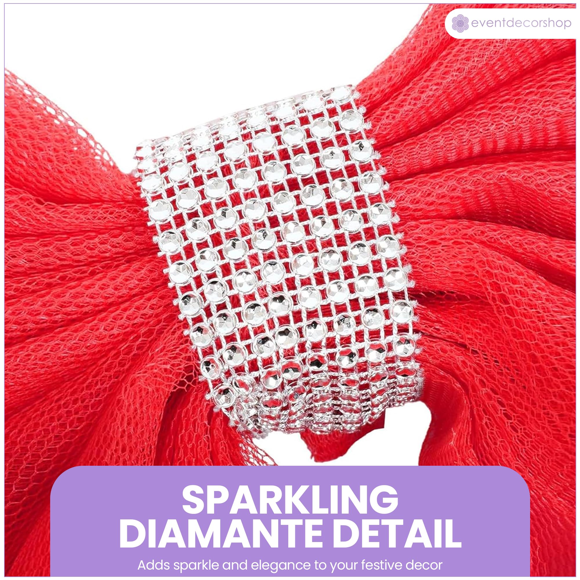 Event Decor Shop Duża czerwona kokarda do drzwi bożonarodzeniowych z diamentem – 7,5 m siatka organzy do drzwi wejściowych na Boże Narodzenie, ślub, baby shower i uroczystości, świąteczna dekoracja