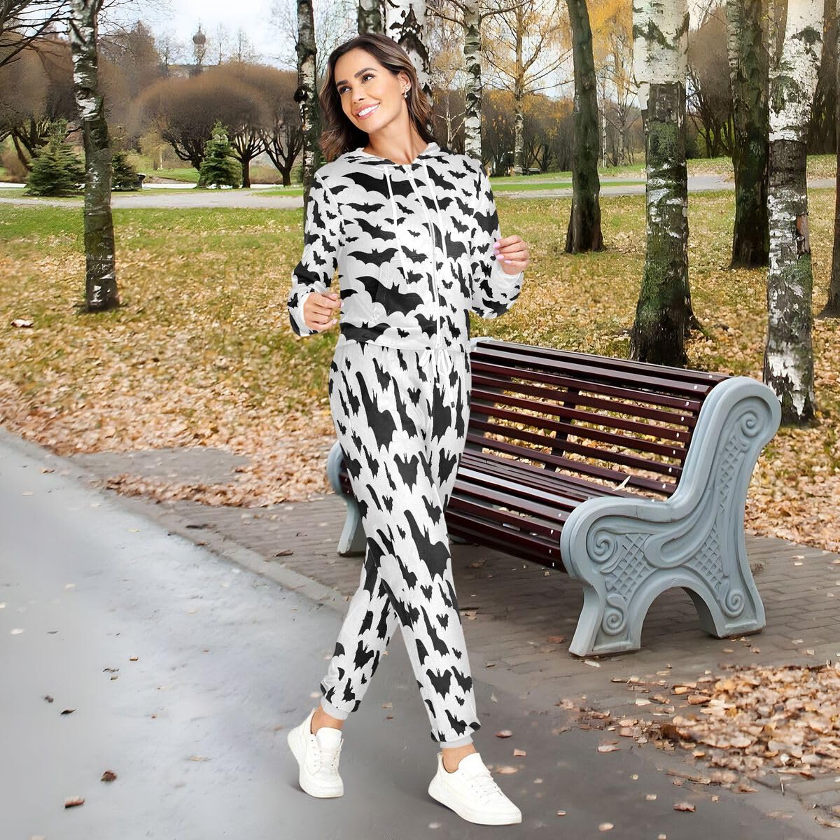 Conjunto deportivo de 2 piezas para mujer, diseño de murciélagos de Halloween, color blanco y negro, conjunto deportivo de manga larga para Halloween, gótico