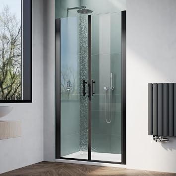 ELEGANT Double Pivot Shower Door 30.4-32" W x 75" H, Semi-Frameless Glass Shower Door, 1/4" ANSI Tempered Glass, Black Finish, Reversible Swing for Bathroom
