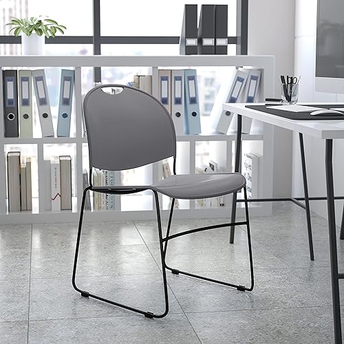 Miniatura 2 de Flash Furniture HERCULES Series - Silla apilable ultracompacta gris de 880 libras con marco recubierto de polvo negro