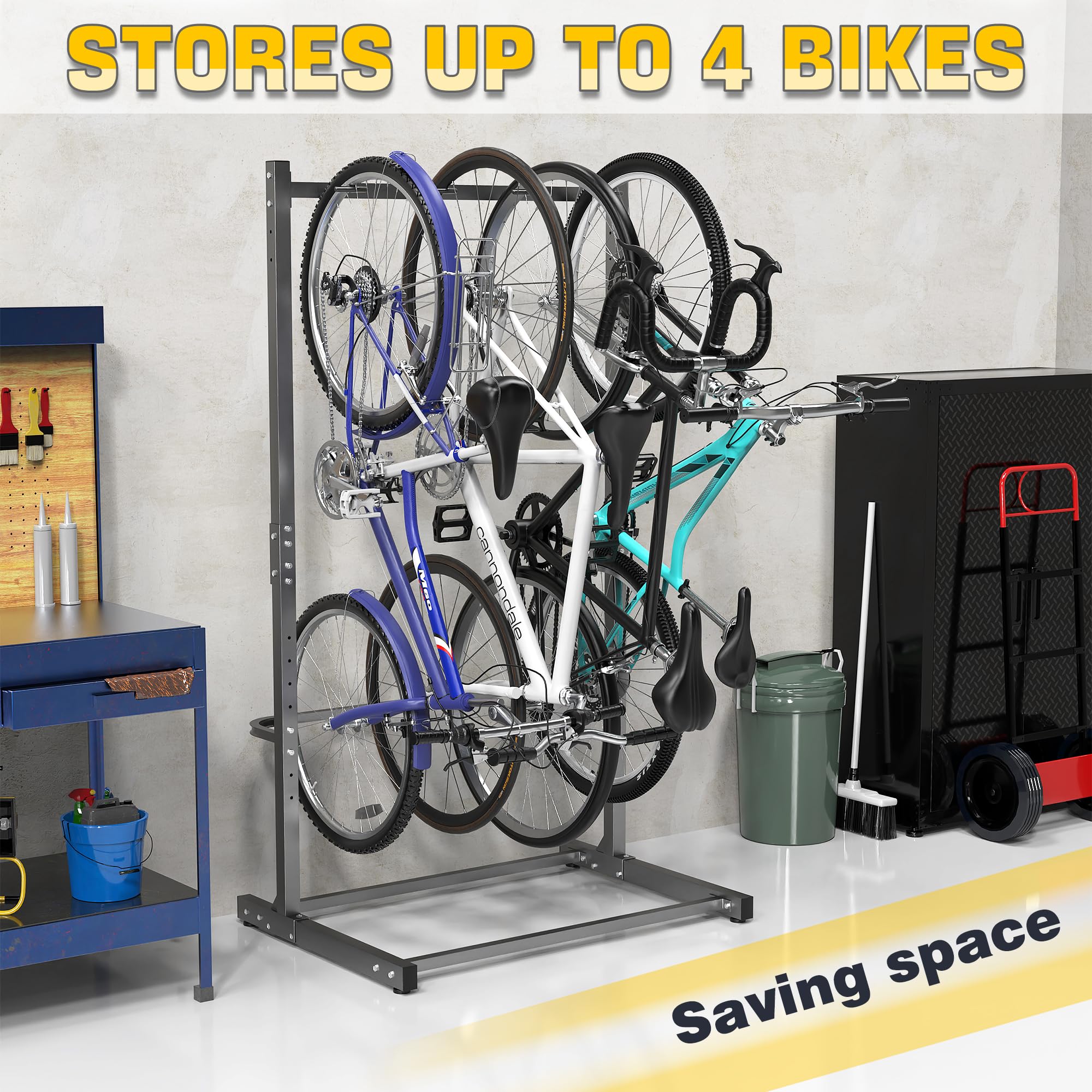 Ultrawall Freestanding Bike Rack, Vertical Bike Storage Stand for Garage, Indoor Bicycle Organizer, Holds Up to 4 Bikes