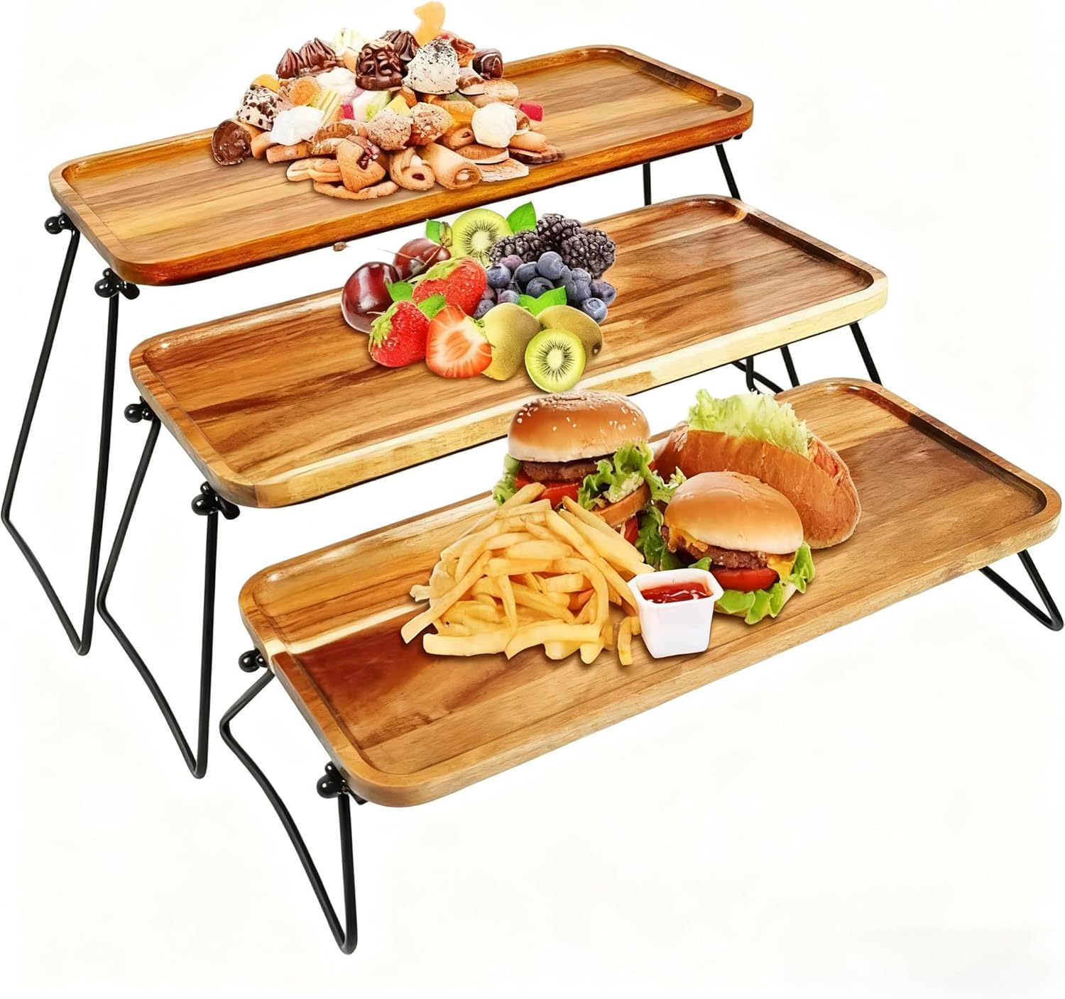 3 Tier Cupcake Stand and Towers Serving Tray for Party, Acacia Wooden Dessert Table Display Set, Rustic Wood Serving Platters & Charcuterie Board for Party, Picnic, Buffet (Acacia)