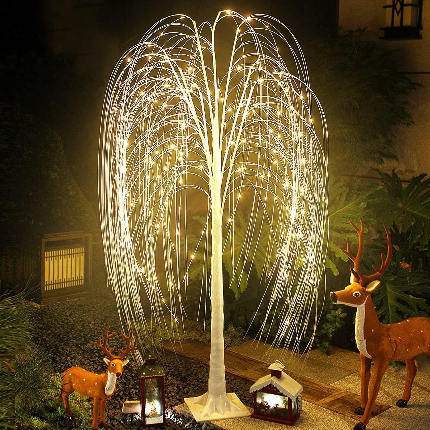 Białe drzewko LED 150 cm, sztuczna choinka bożonarodzeniowa z oświetleniem, 216 lampek LED, lampki Willow Tree Lights z kablem USB, dekoracje świąteczne LED drzewko białe-ciepłe do wnętrz,180cm