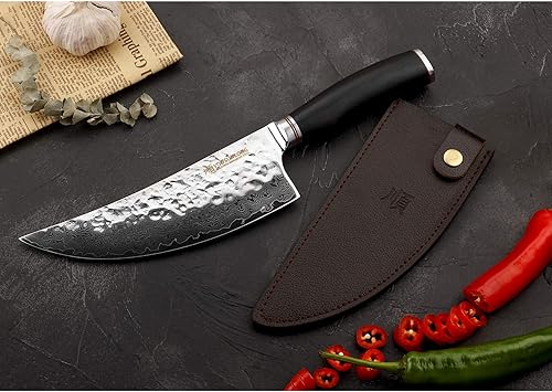 Miniatura 4 de YOUSUNLONG Cuchillo de carnicero de 8 pulgadas – Cortadores de carne japoneses martillados de acero inoxidable Damasco mango de madera de plomo