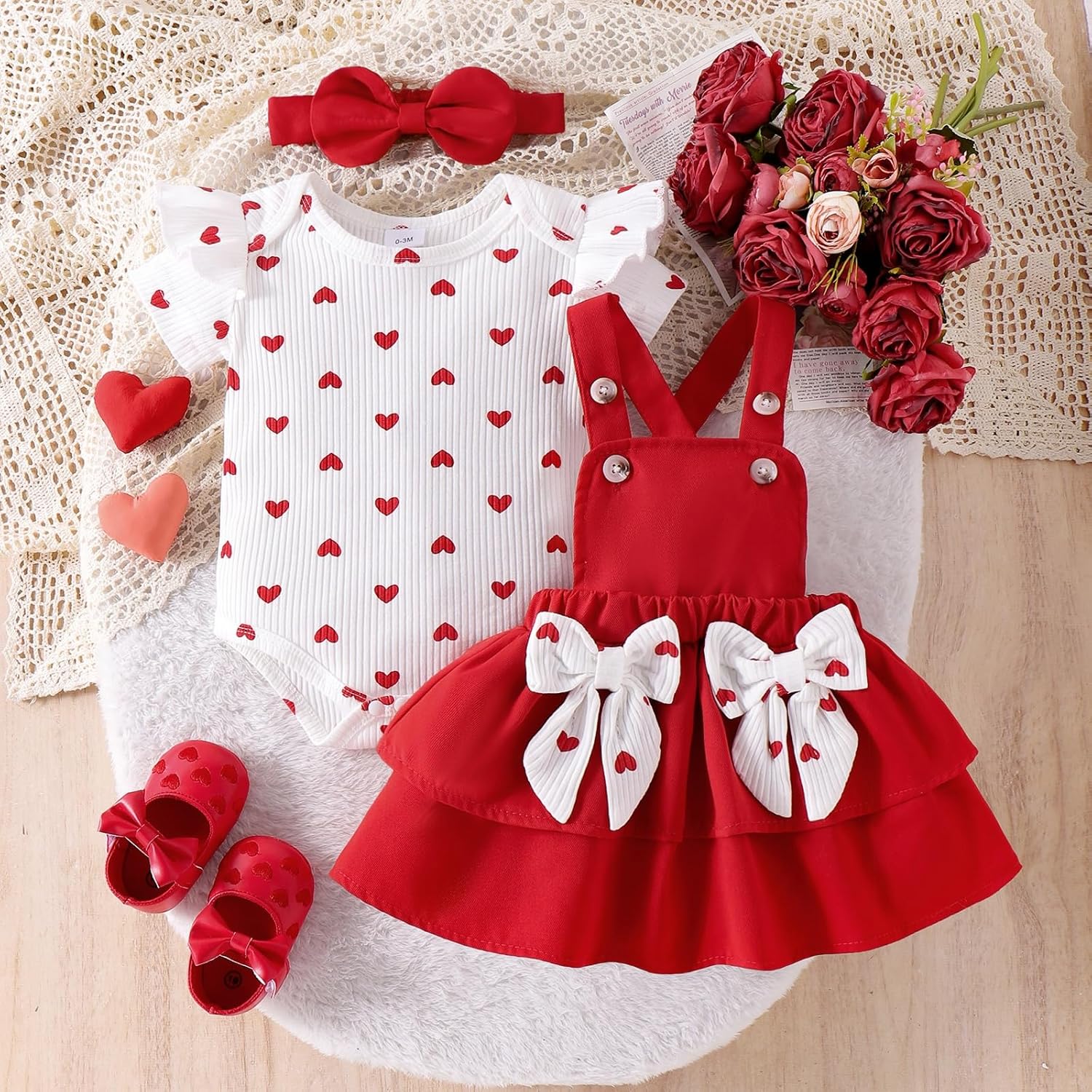 Baby Girl Clothes Newborn Romper Love Heart Print Short Sleeved Ruffled Bow Skirt Headband Outfits Set 0-18 Months - Image 2