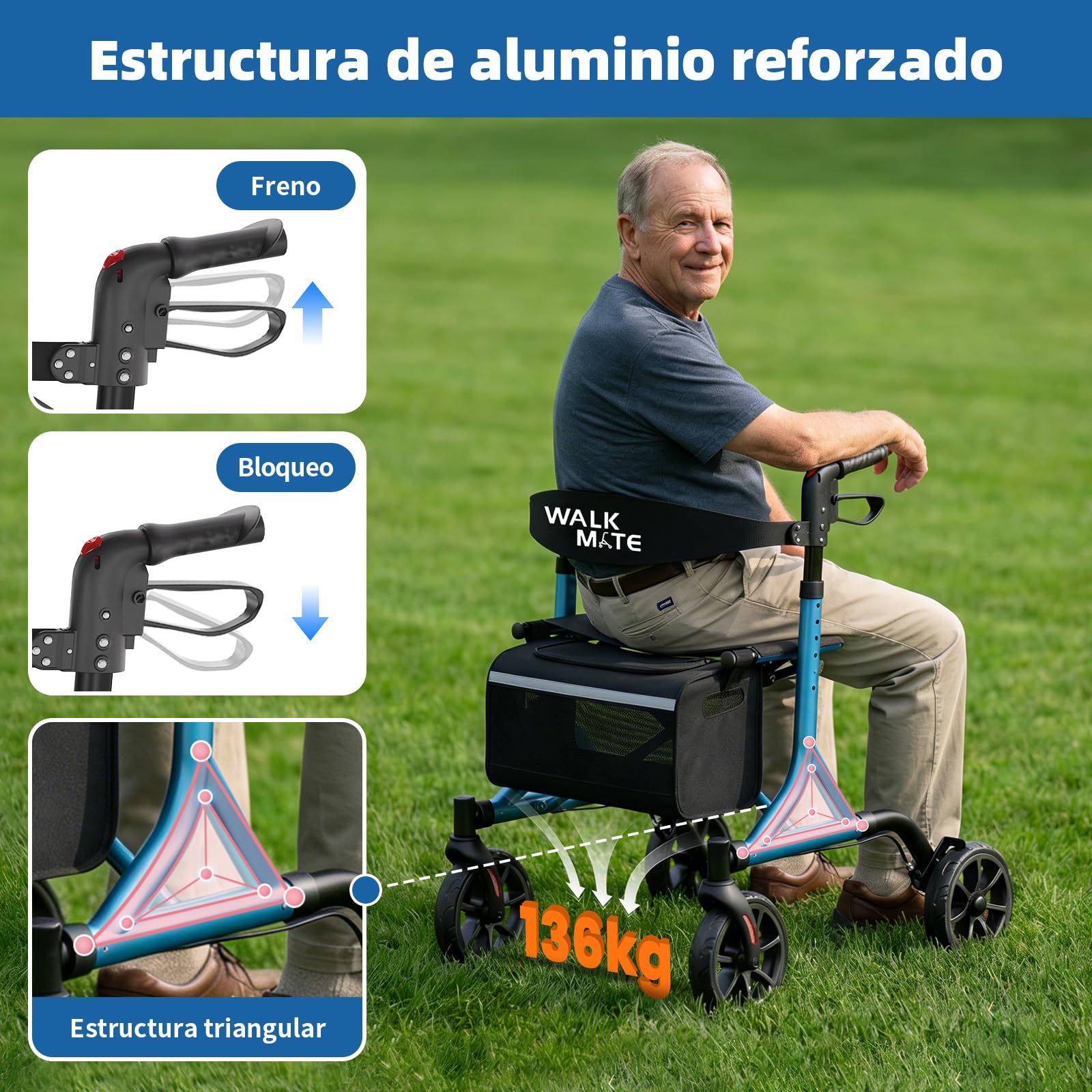 WALK MATE Andador para Ancianos Plegable y Ligero con Asiento - Altura Ajustable, Aluminio, Portavasos, Andador Delgado para Interior y Exterior, 6,7kg