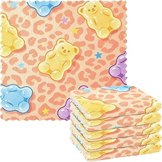 Colorful Gummy Leopard Orange Dish Cloth 6 Pack 11x11 Inch Kitchen Supplies | Absorbent Double Sided Fleece Cleanser Cloth Reusable Kitchenware Scrubber Wipe All Purpose Vehicle House Cleaning Towels