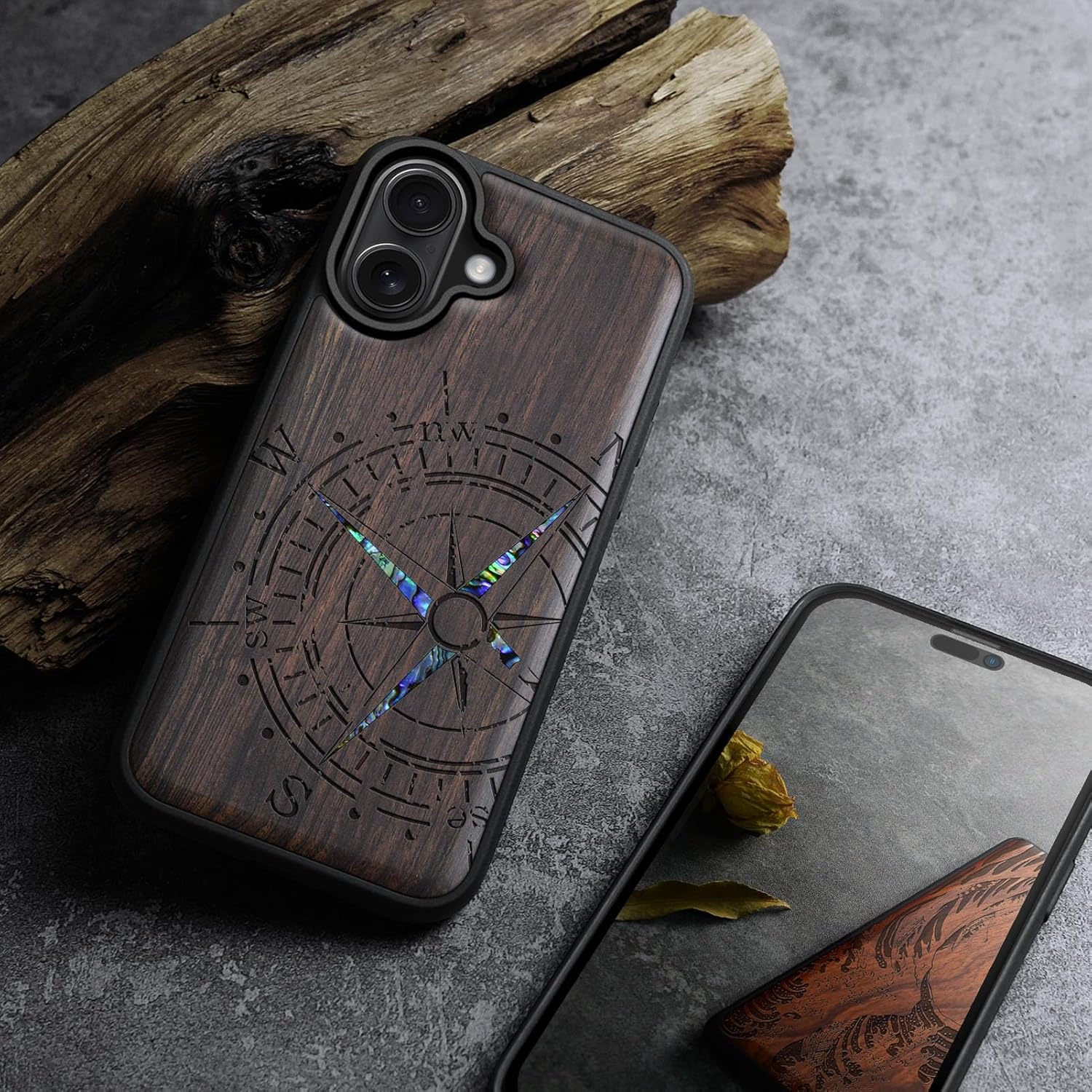 Carveit Magnetic Wooden Case for iPhone 17 Case, Wood Artisan Engraved & Handmade Shell Inlaid, TPU Shockproof Cover, Compatible with MagSafe Wireless Chargers (The Incomplete Compass-Blackwood)